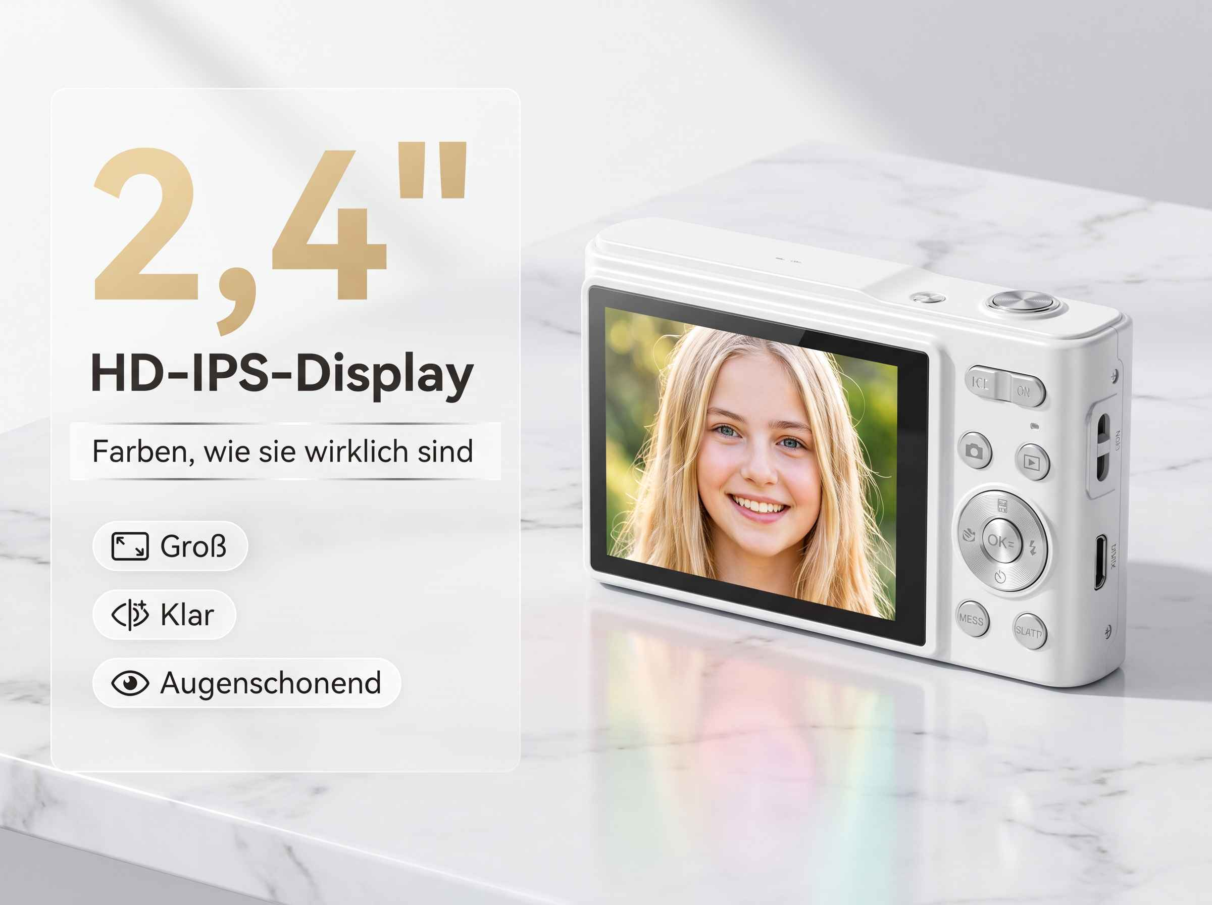 Eine weiße Digitalkamera mit einem 2,4-Zoll-HD-IPS-Display, das ein Lächeln zeigt.
