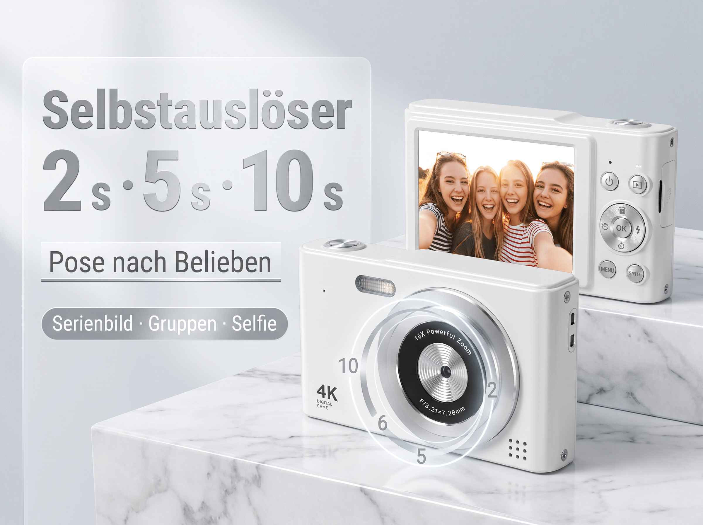 Weiße Digitalkamera mit 16x Zoom, 4K und Selbstauslöseroptionen.
