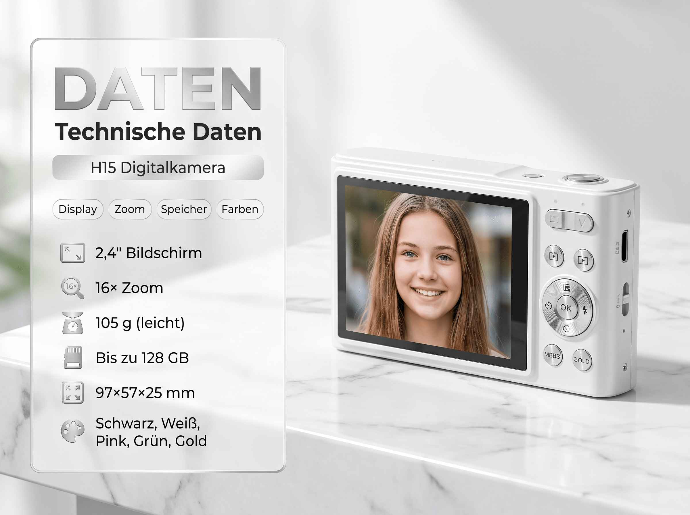 Weiße Digitalkamera mit Porträt eines Mädchens auf dem Bildschirm.