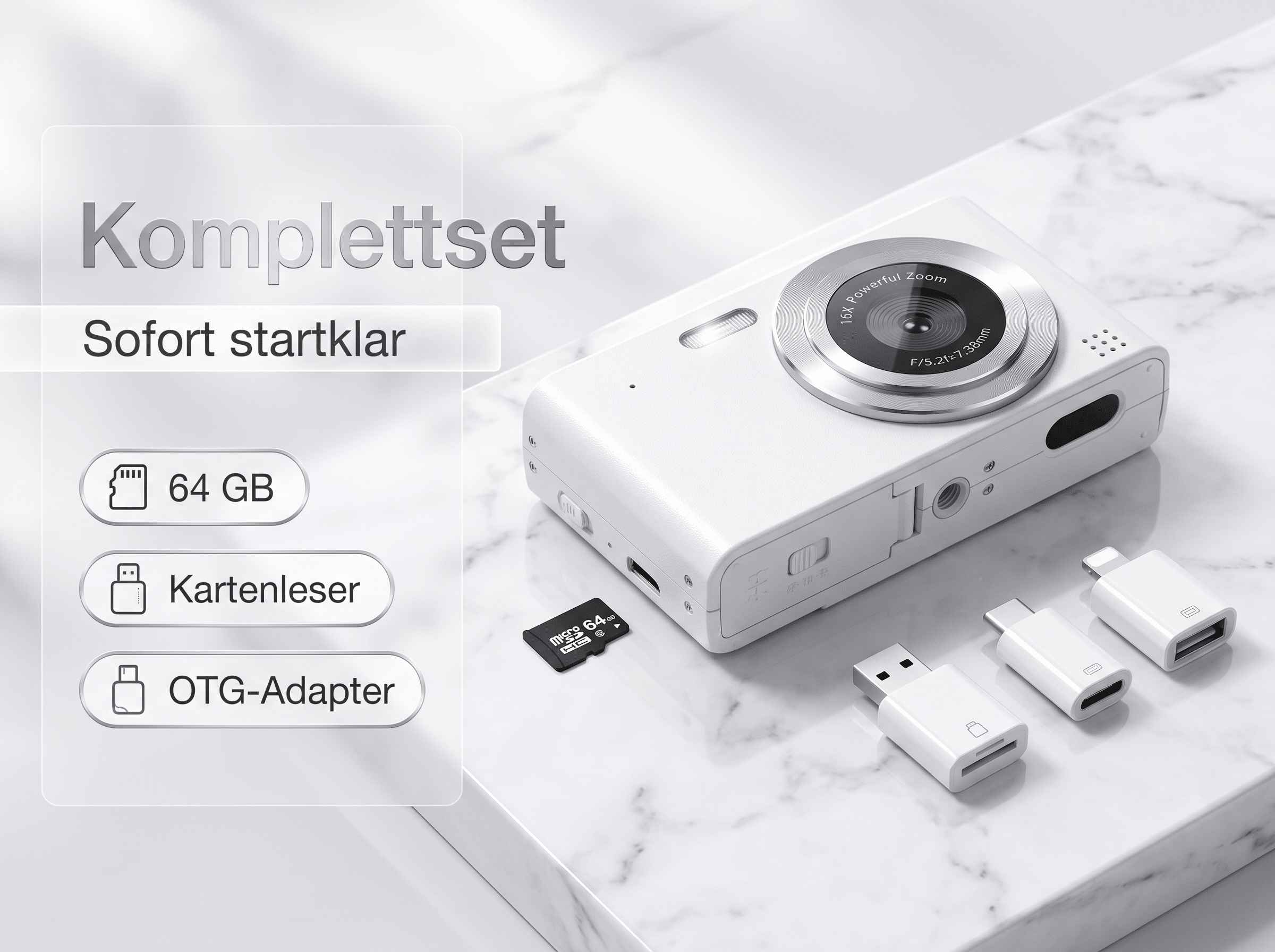 Ein weißer Kamera-Kit mit 64GB Speicherkarte, Kartenleser und OTG-Adapter.