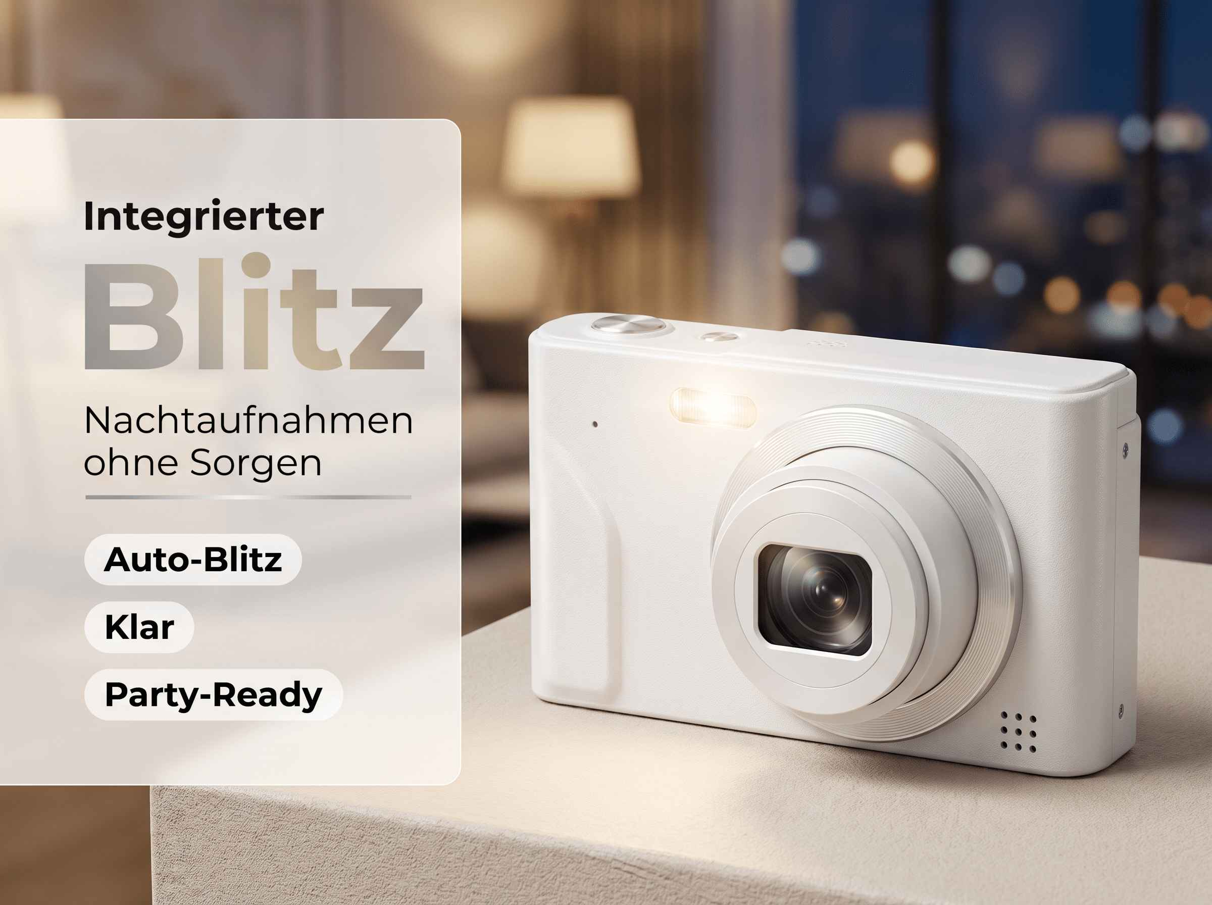 Eine weiße Digitalkamera mit Blitz auf einem Tisch vor einem unscharfen Hintergrund.
