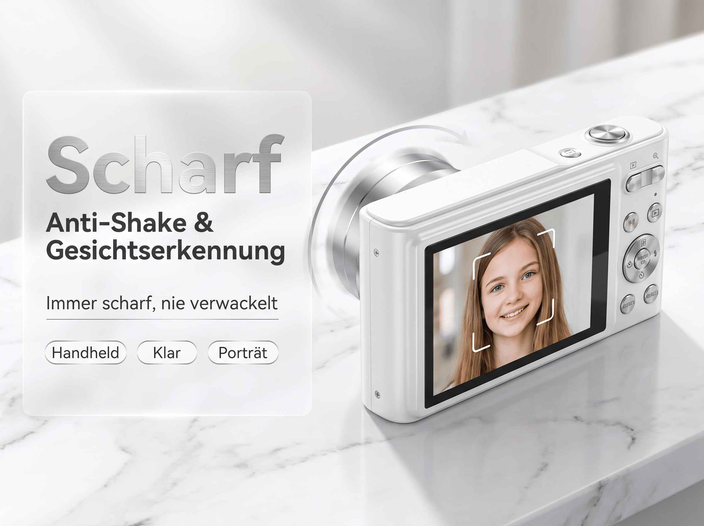 Weiße Kamera mit Porträt eines Mädchens auf dem Bildschirm, mit Text über Schärfe.