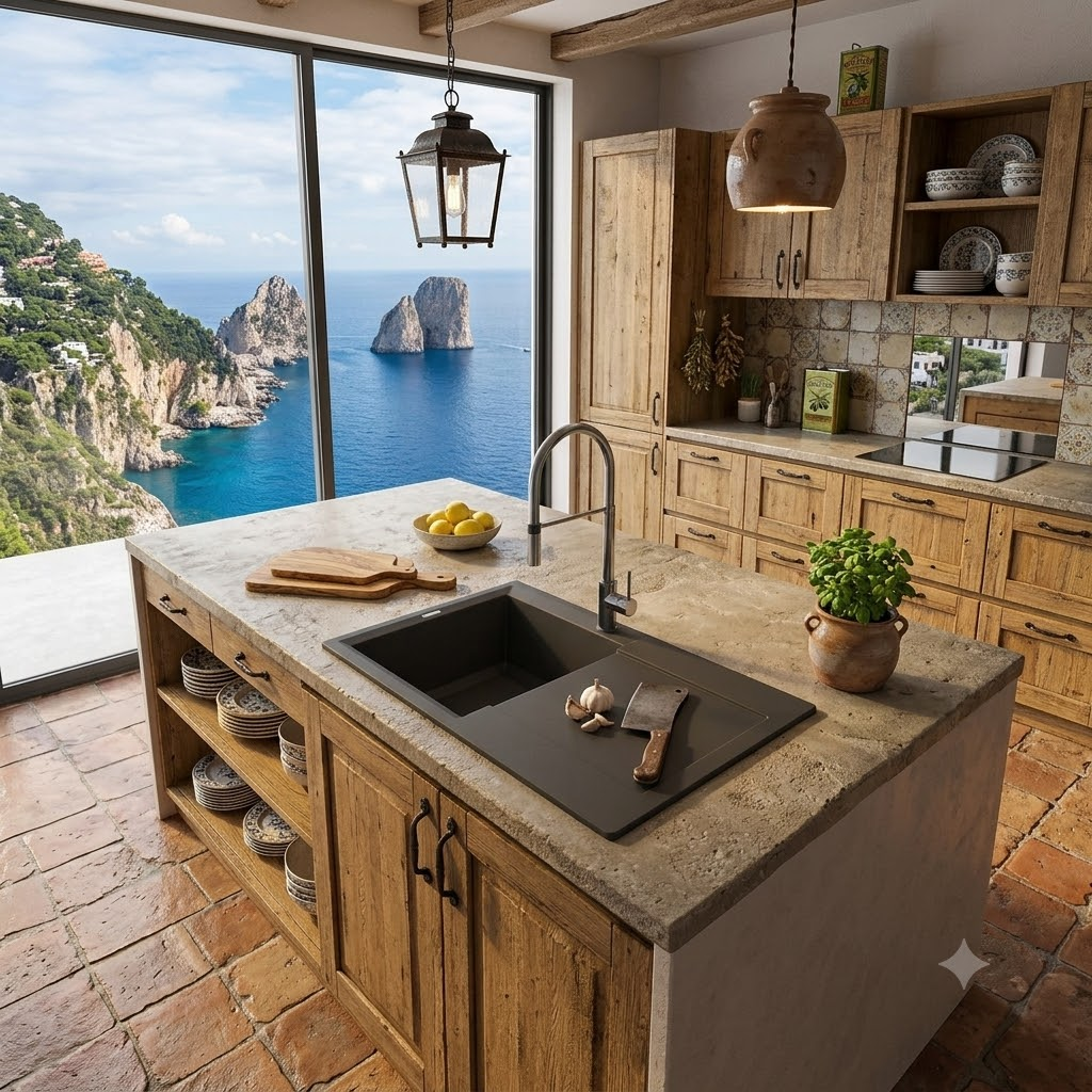 Una cucina rustica con vista sul mare e scogliere. Un'isola in primo piano con lavello.