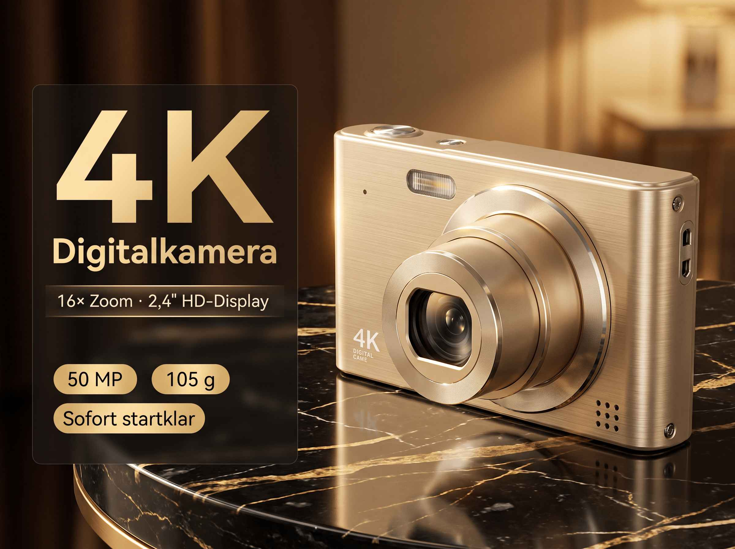 Goldene 4K Digitalkamera mit 16x Zoom, 50 MP, 105g, auf Marmortisch.