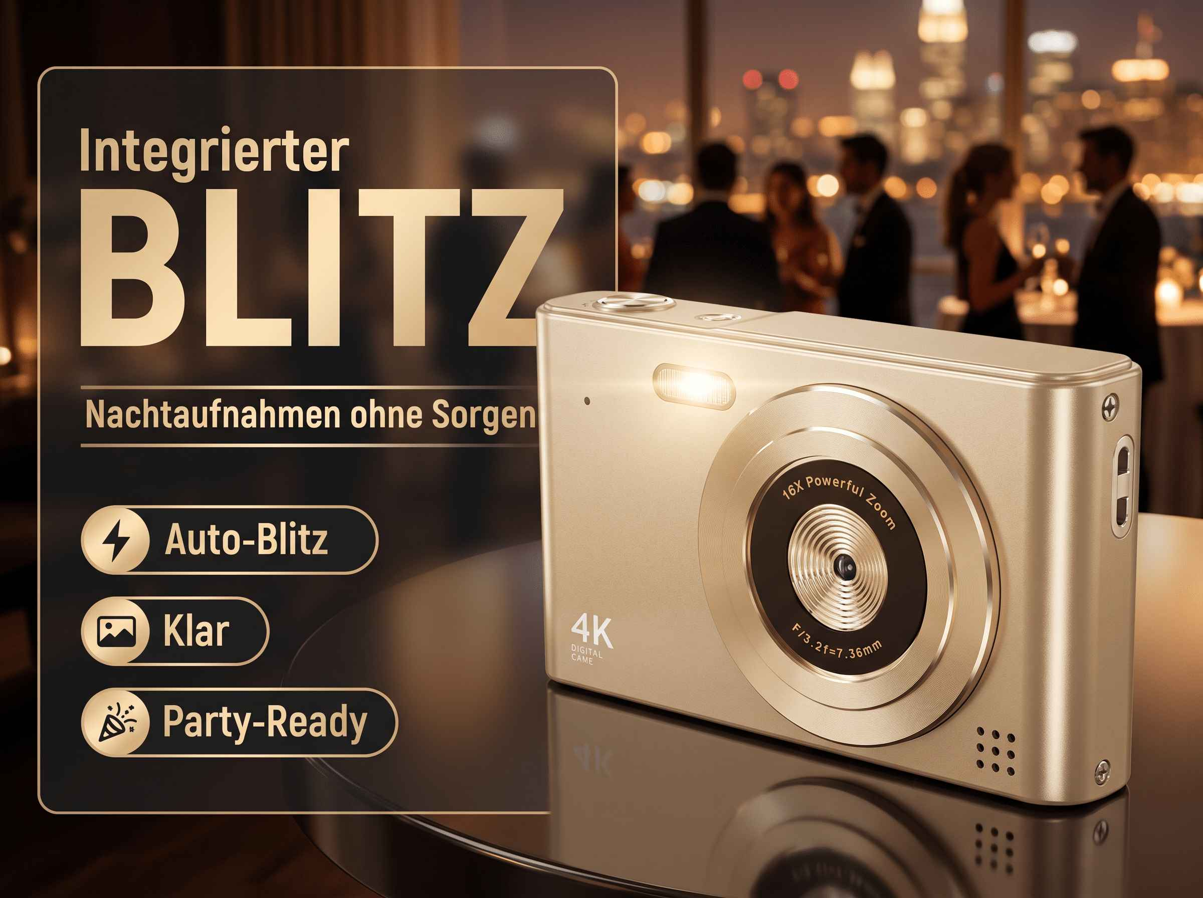 Goldene Kamera mit Blitz, 16x Zoom, 4K. Im Hintergrund eine Party-Szene.