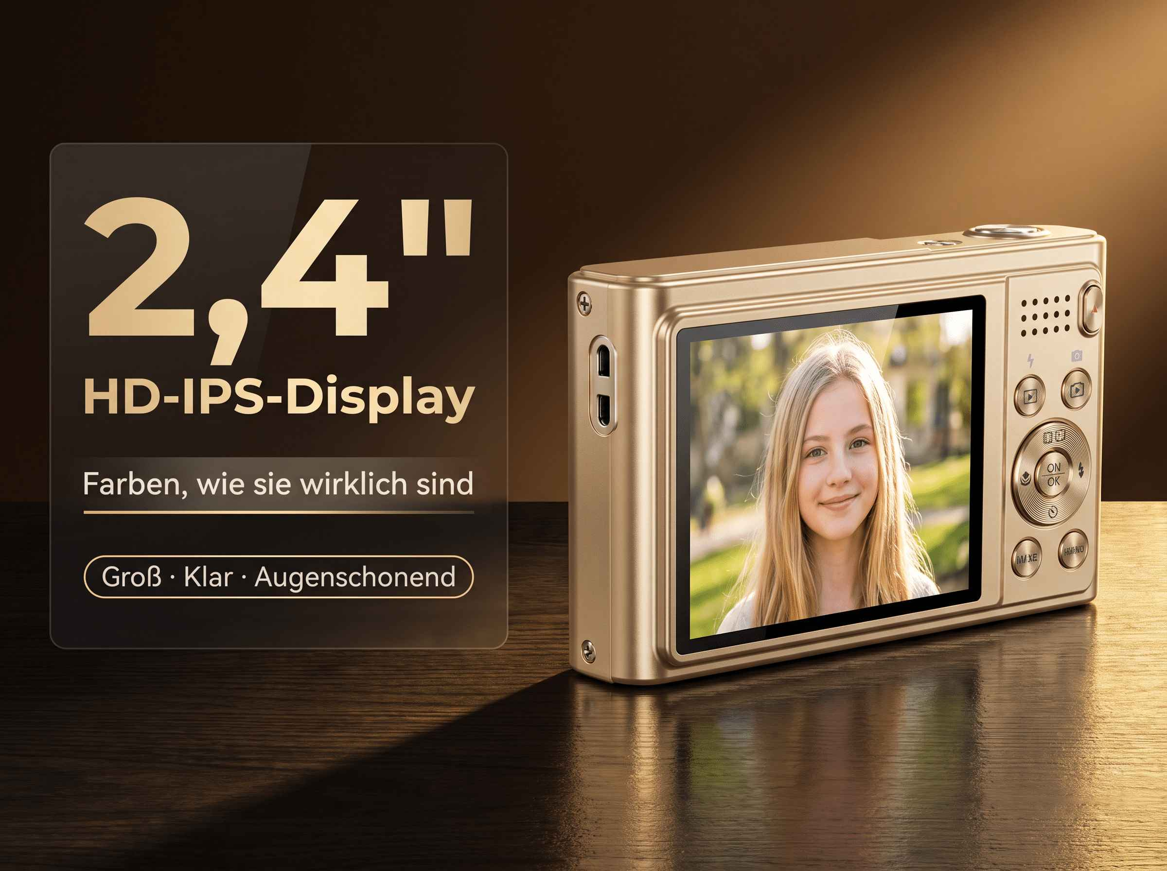Goldene Digitalkamera mit 2,4" HD-IPS-Display zeigt ein Mädchen.