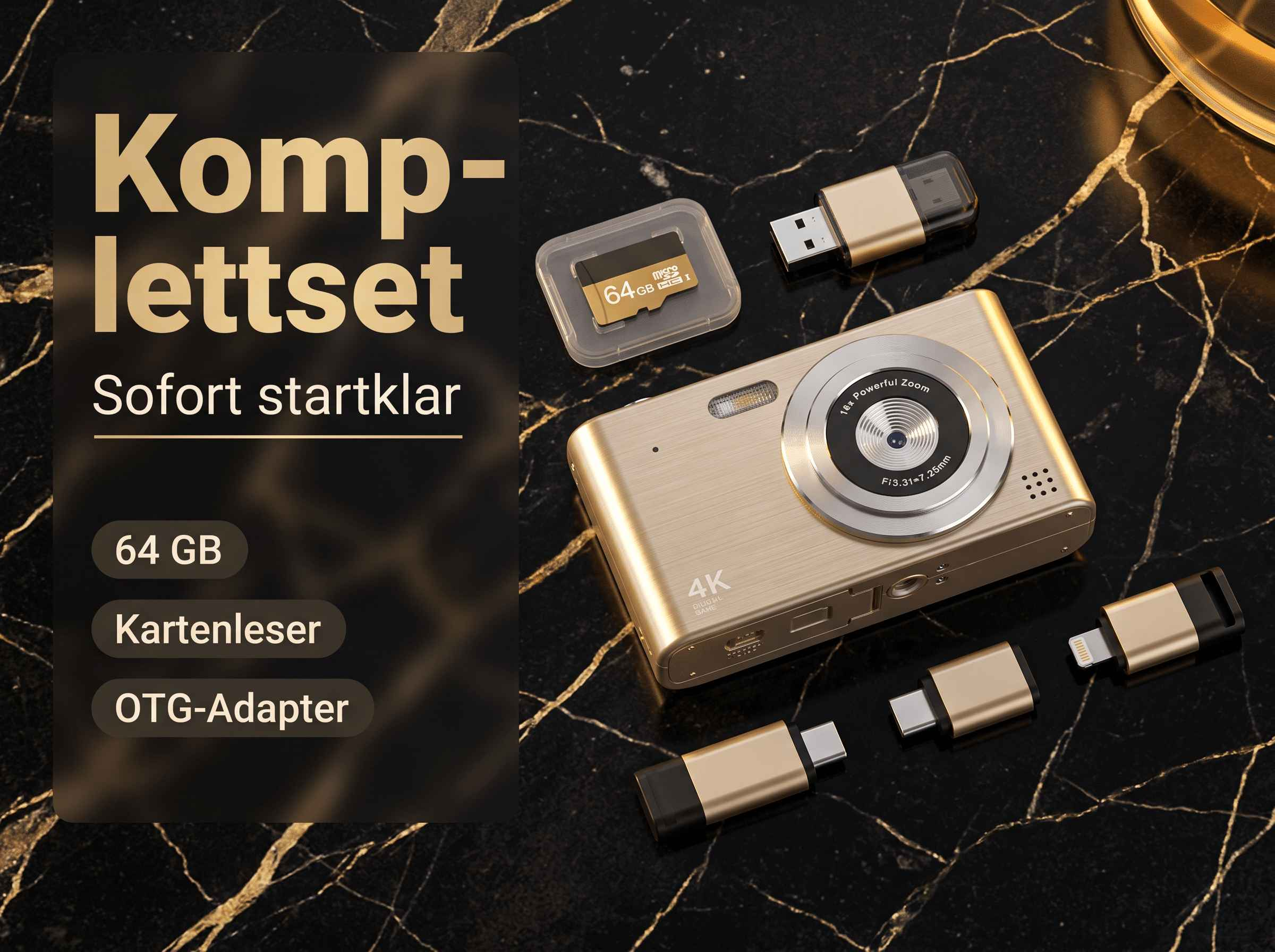 Goldene Kamera mit Zubehör: SD-Karte, Kartenleser, OTG-Adapter.