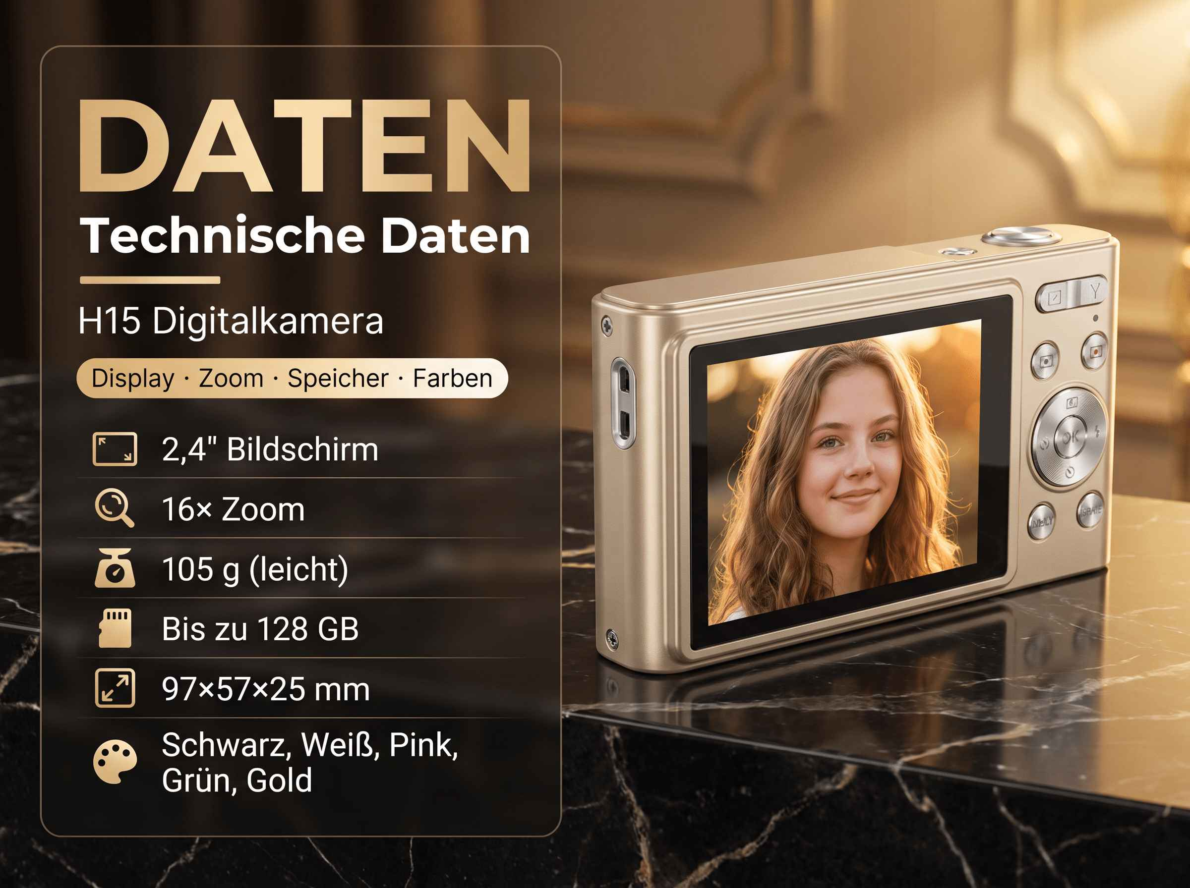Goldene Digitalkamera mit Porträt eines jungen Mädchens auf dem Bildschirm.