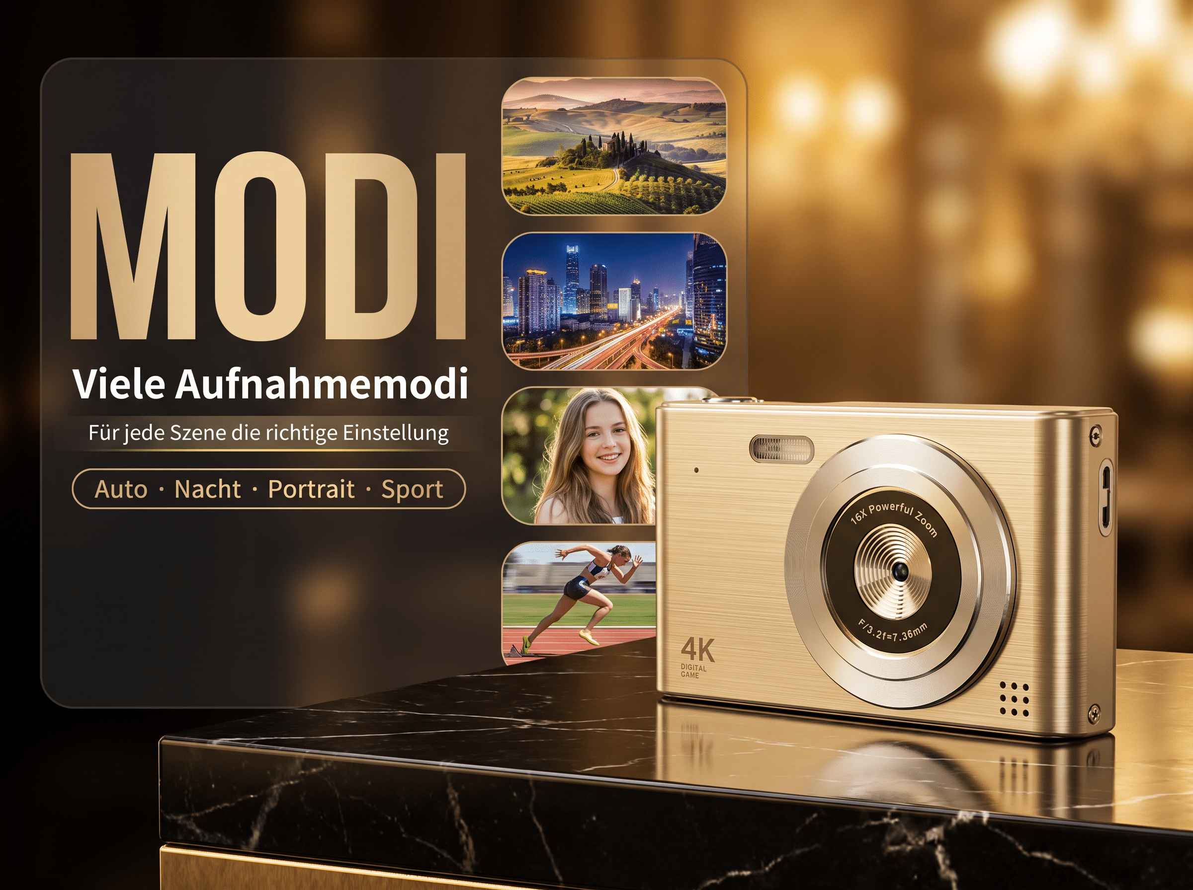 Goldene Kamera mit verschiedenen Aufnahmemodi und Beispielfotos.