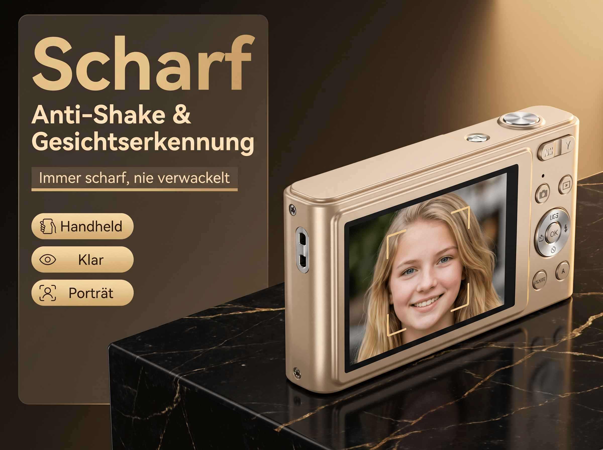 Goldene Kamera mit Porträt eines jungen Mädchens auf dem Bildschirm.