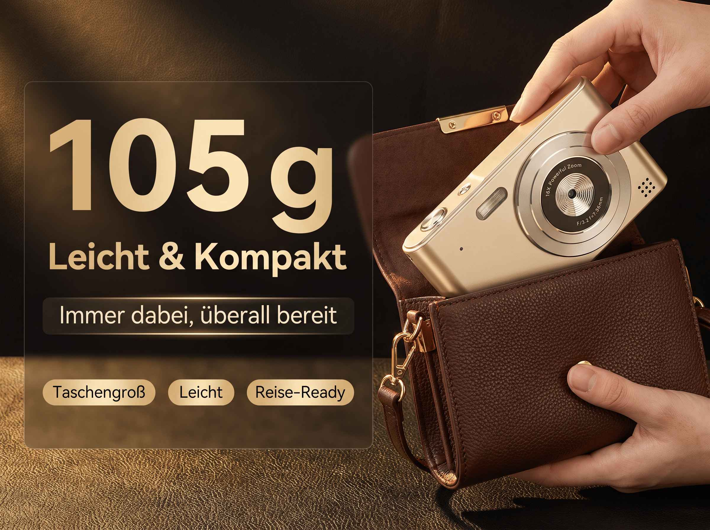 Eine goldene Kamera wird in eine braune Ledertasche gesteckt. 105g.