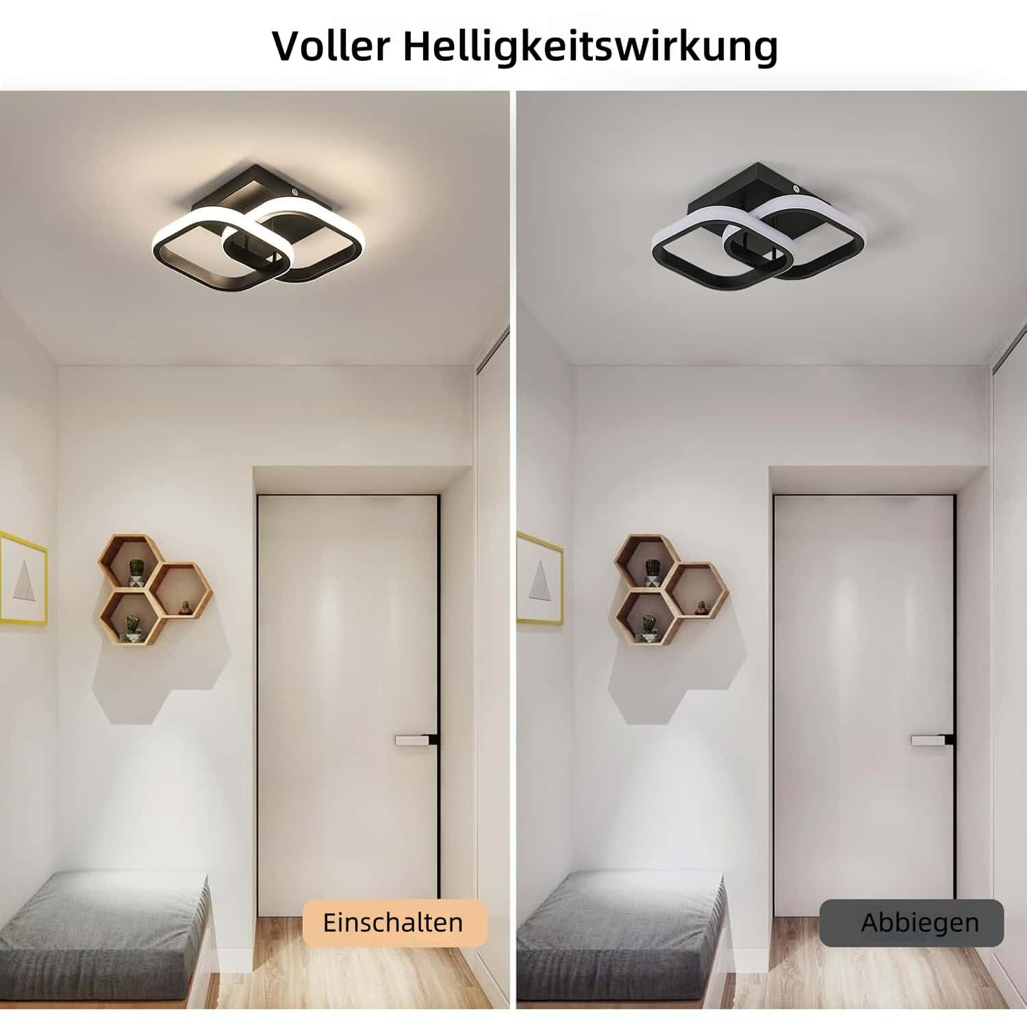 Moderne Deckenleuchte mit zwei schwarzen Ringen und weißem Licht, Flur mit Bank.