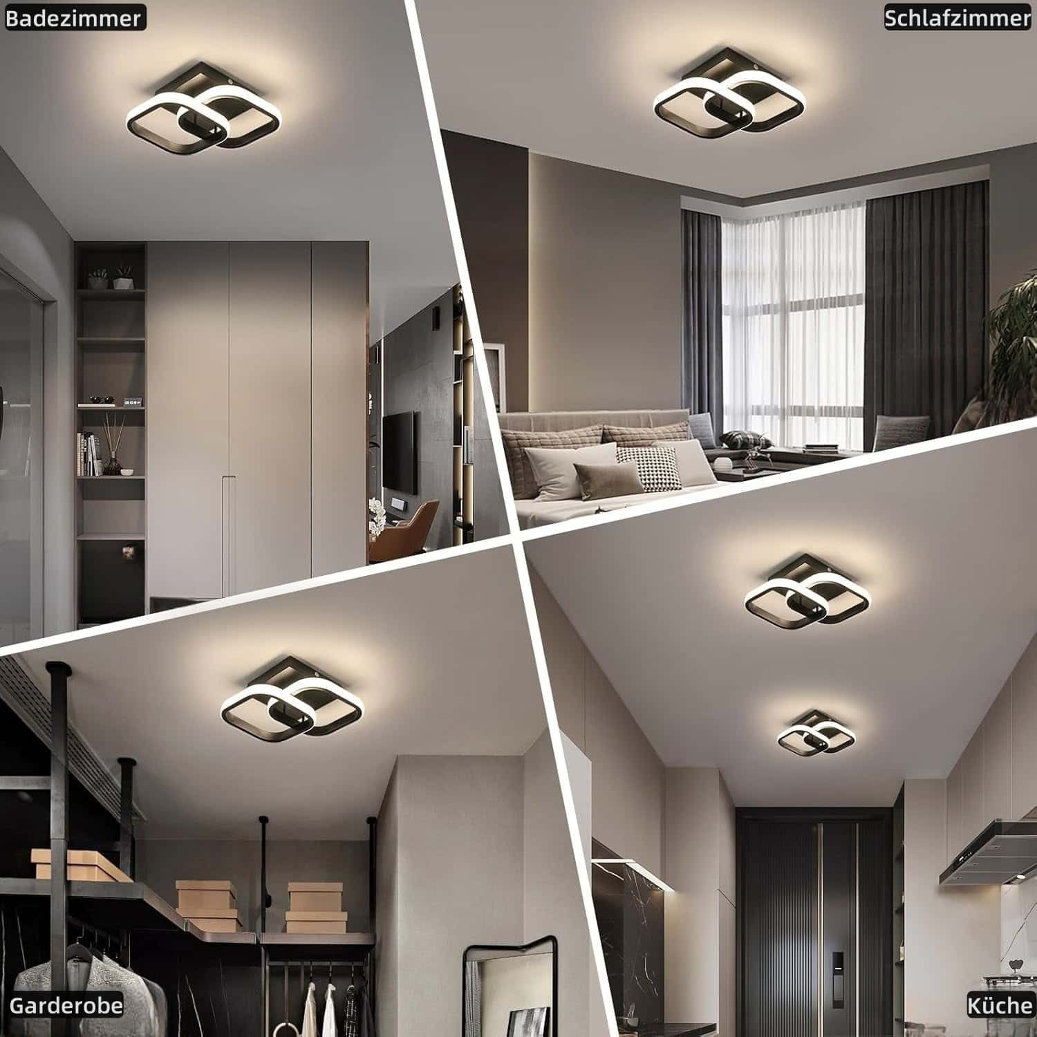Vier Szenen zeigen eine moderne Deckenleuchte in Bädern, Schlafzimmern, Garderoben und Küchen.
