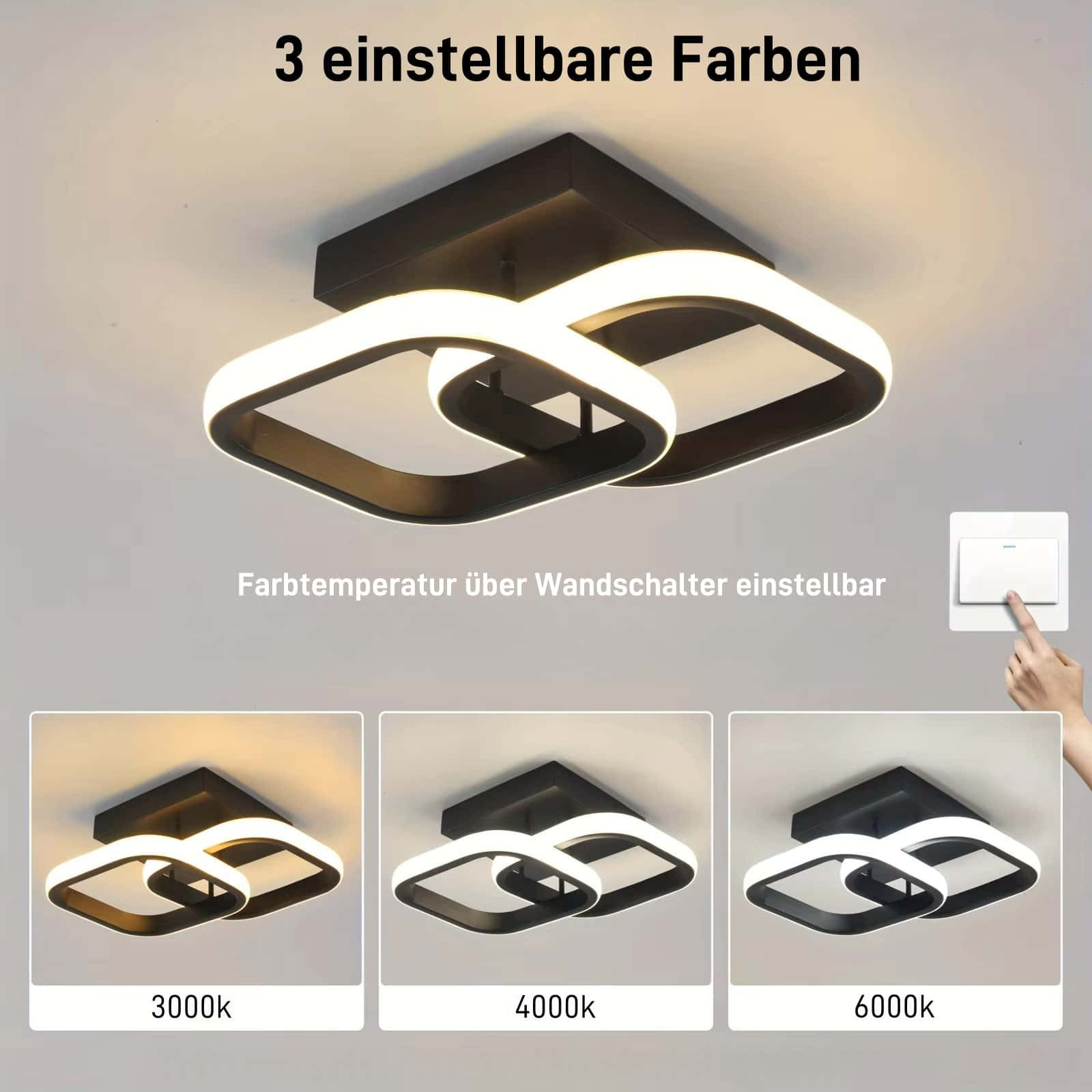 Moderne Deckenleuchte mit zwei verschlungenen Quadraten in Schwarz mit LED-Licht.