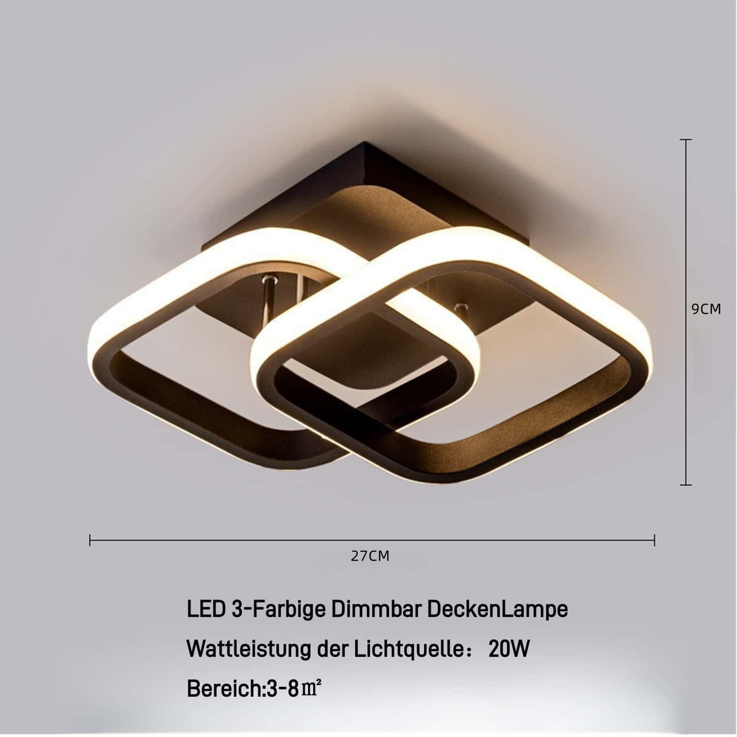 Moderne Deckenlampe mit zwei verschlungenen quadratischen Ringen, LED-Beleuchtung.