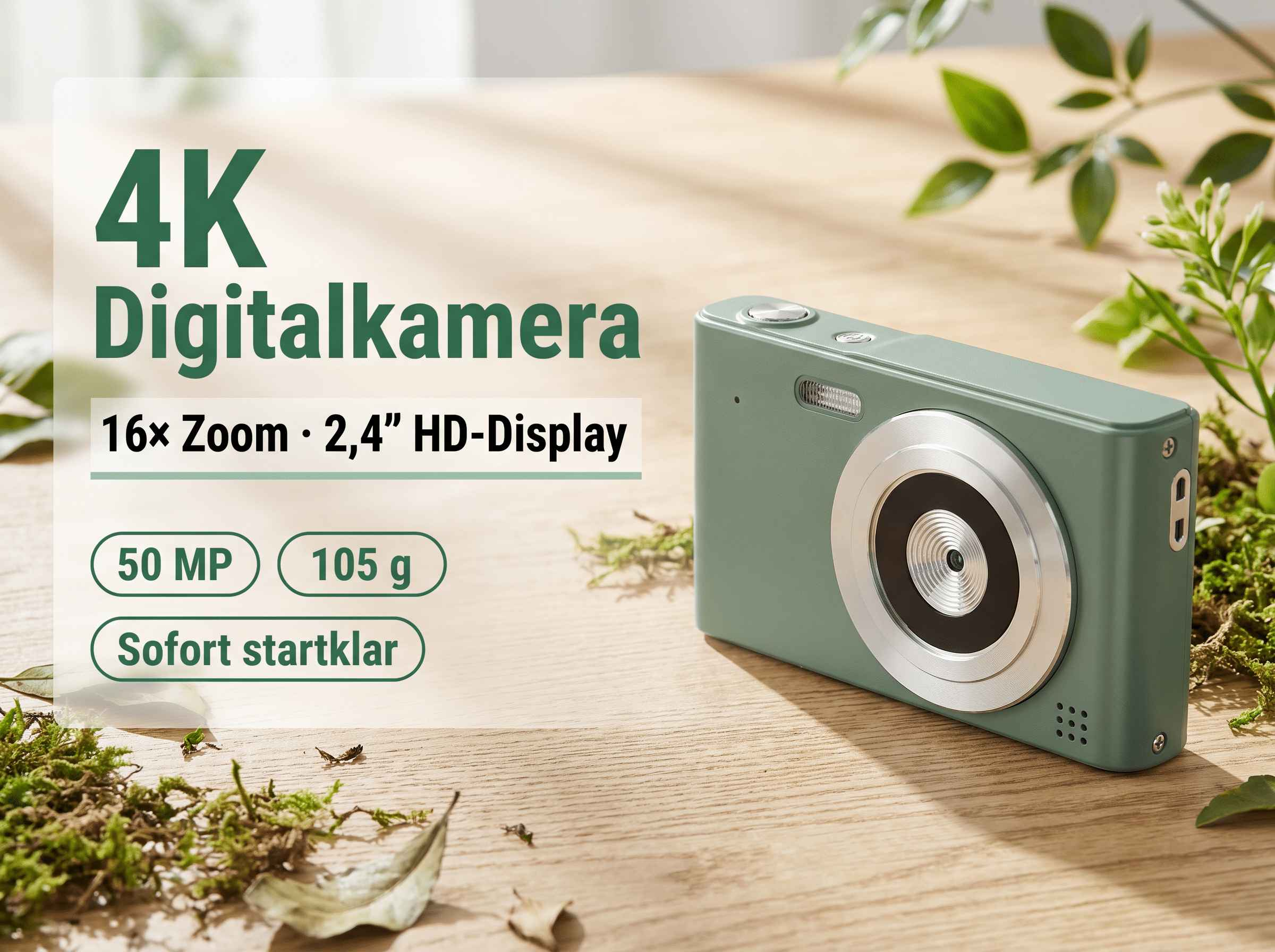 Eine grüne Digitalkamera mit 16x Zoom und 50MP, steht auf einem Holztisch.