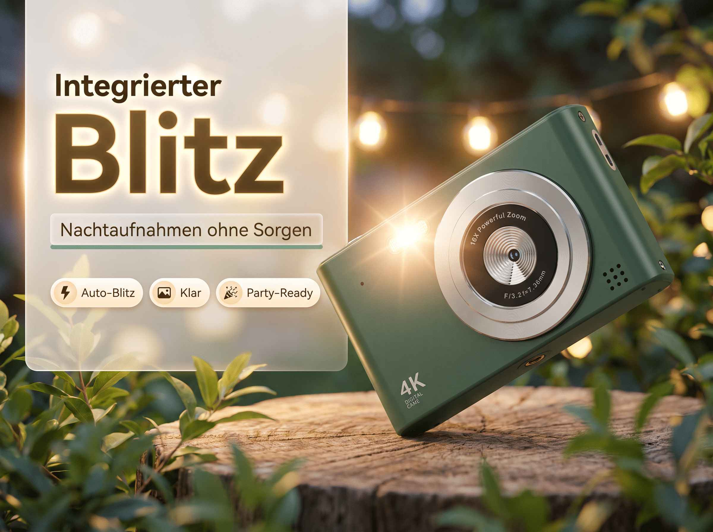 Grüne Digitalkamera mit 4K, 16x Zoom, auf Holz mit Lichterkette im Hintergrund.