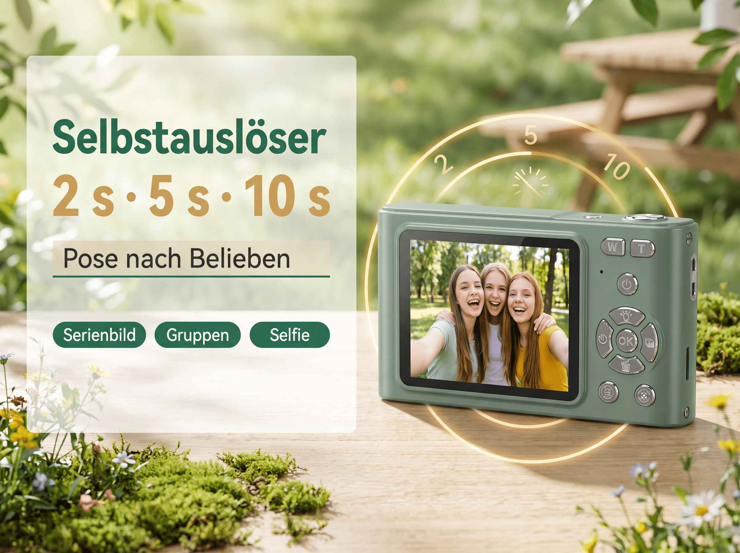 Eine grüne Digitalkamera zeigt drei lachende Mädchen. Timer-Optionen sind sichtbar.