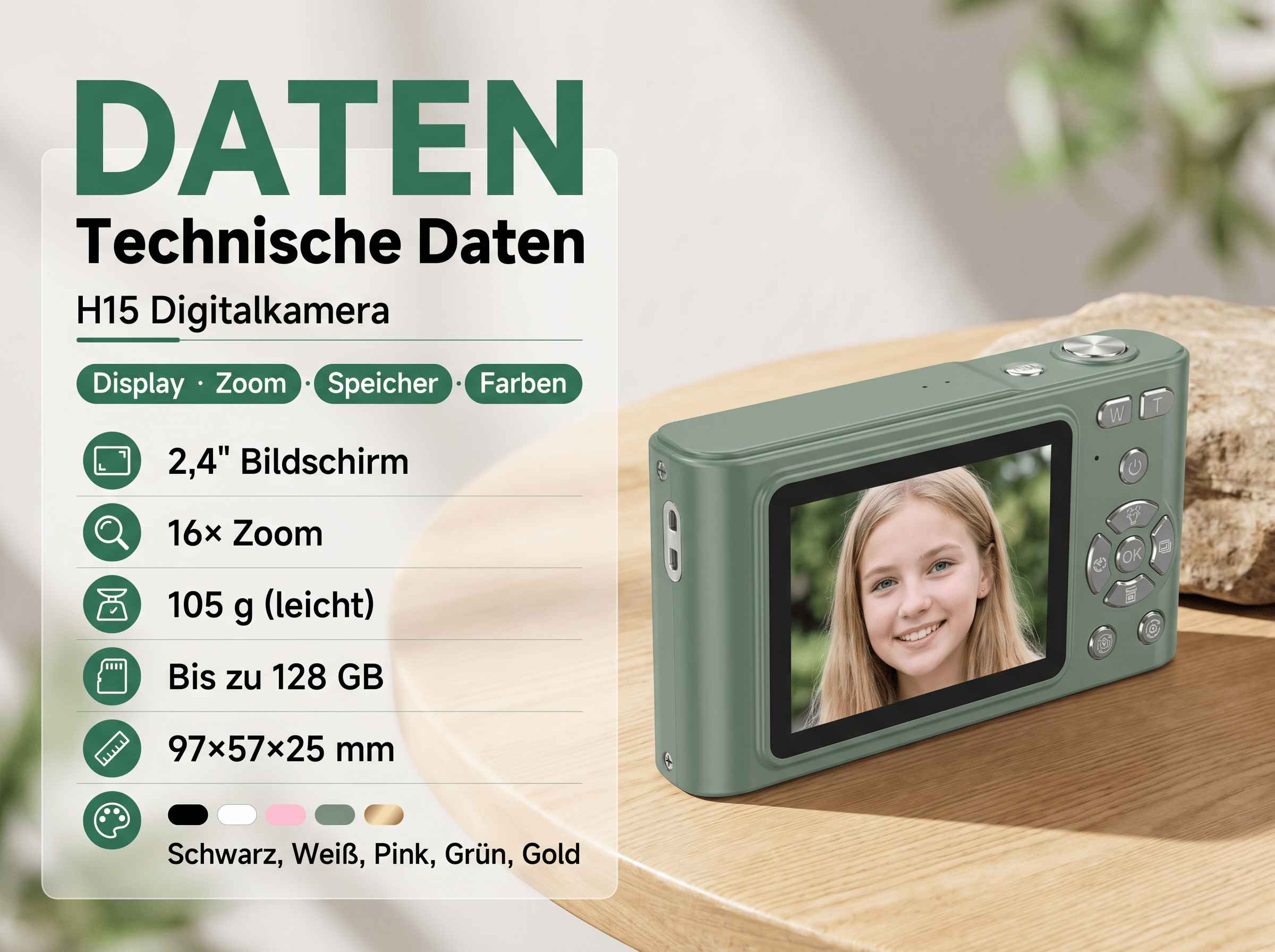 Grüne H15 Digitalkamera mit 2,4" Bildschirm zeigt Gesicht eines Mädchens. Daten.