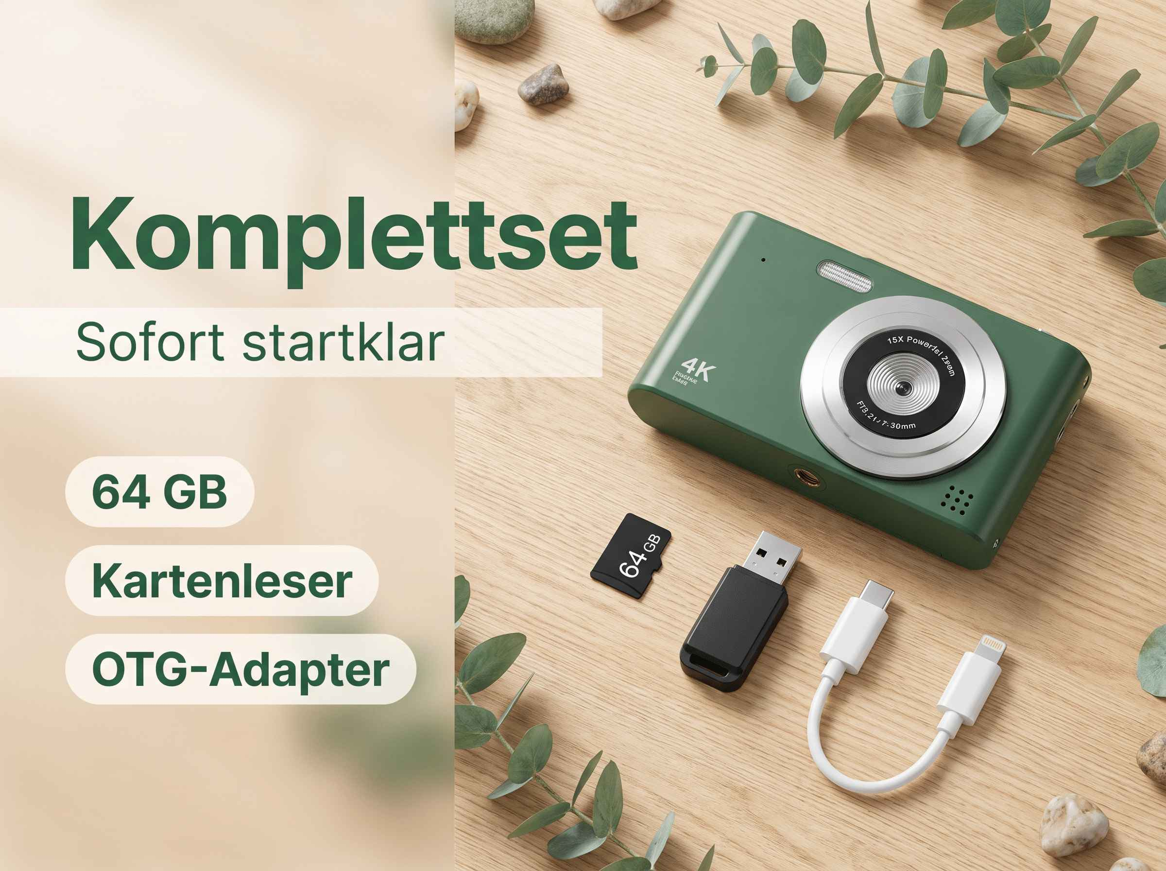 Grüne Kamera mit Zubehör: 64GB Speicherkarte, Kartenleser, OTG-Adapter.