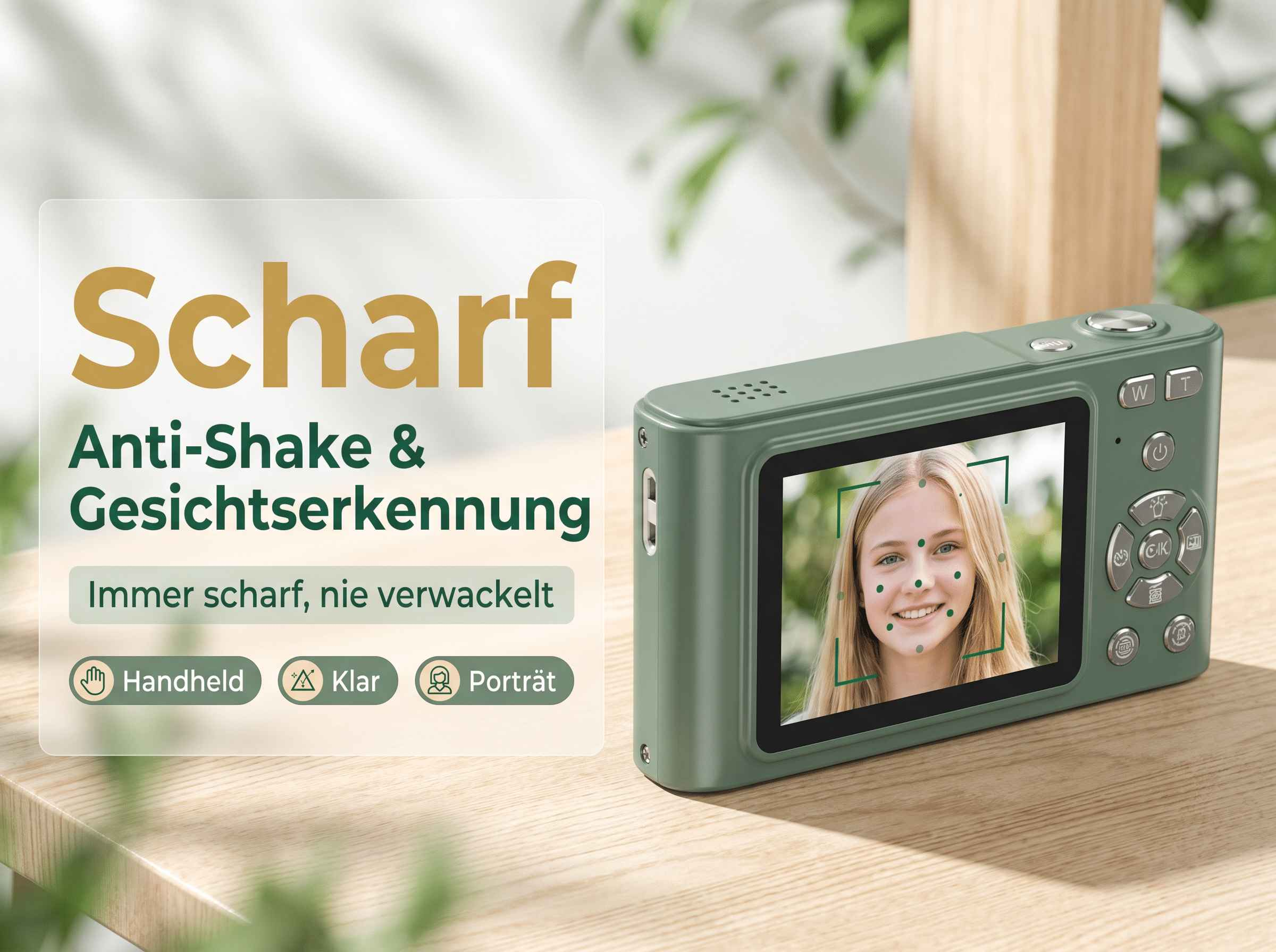 Grüne Kamera mit Gesichtserkennung auf dem Bildschirm. Text: Scharf.