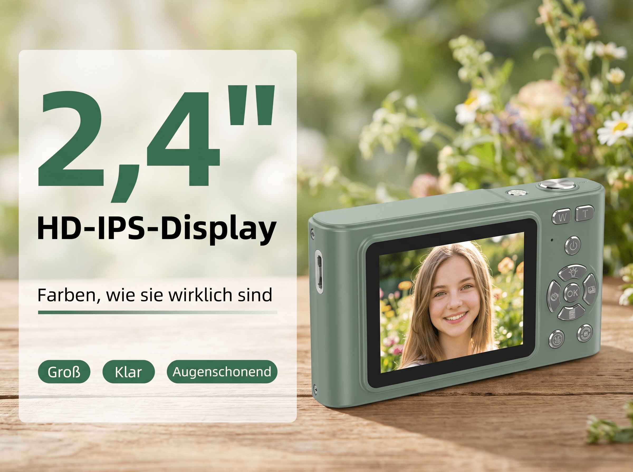 Eine grüne Digitalkamera zeigt ein Lächeln eines Mädchens. Nebenan steht 2,4" HD-IPS-Display.