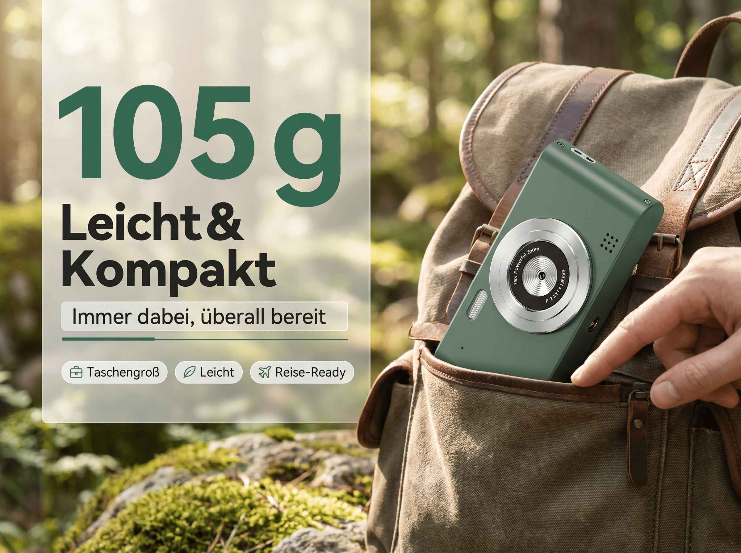 Eine grüne Kamera mit 105g Gewicht steckt in einem Rucksack. Ideal für Reisen.