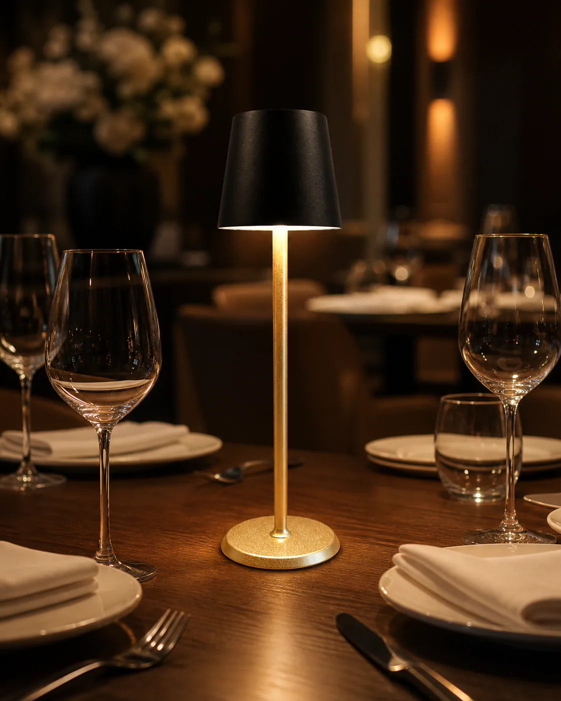 Ein goldener Tisch mit schwarzem Lampenschirm steht auf einem gedeckten Tisch.