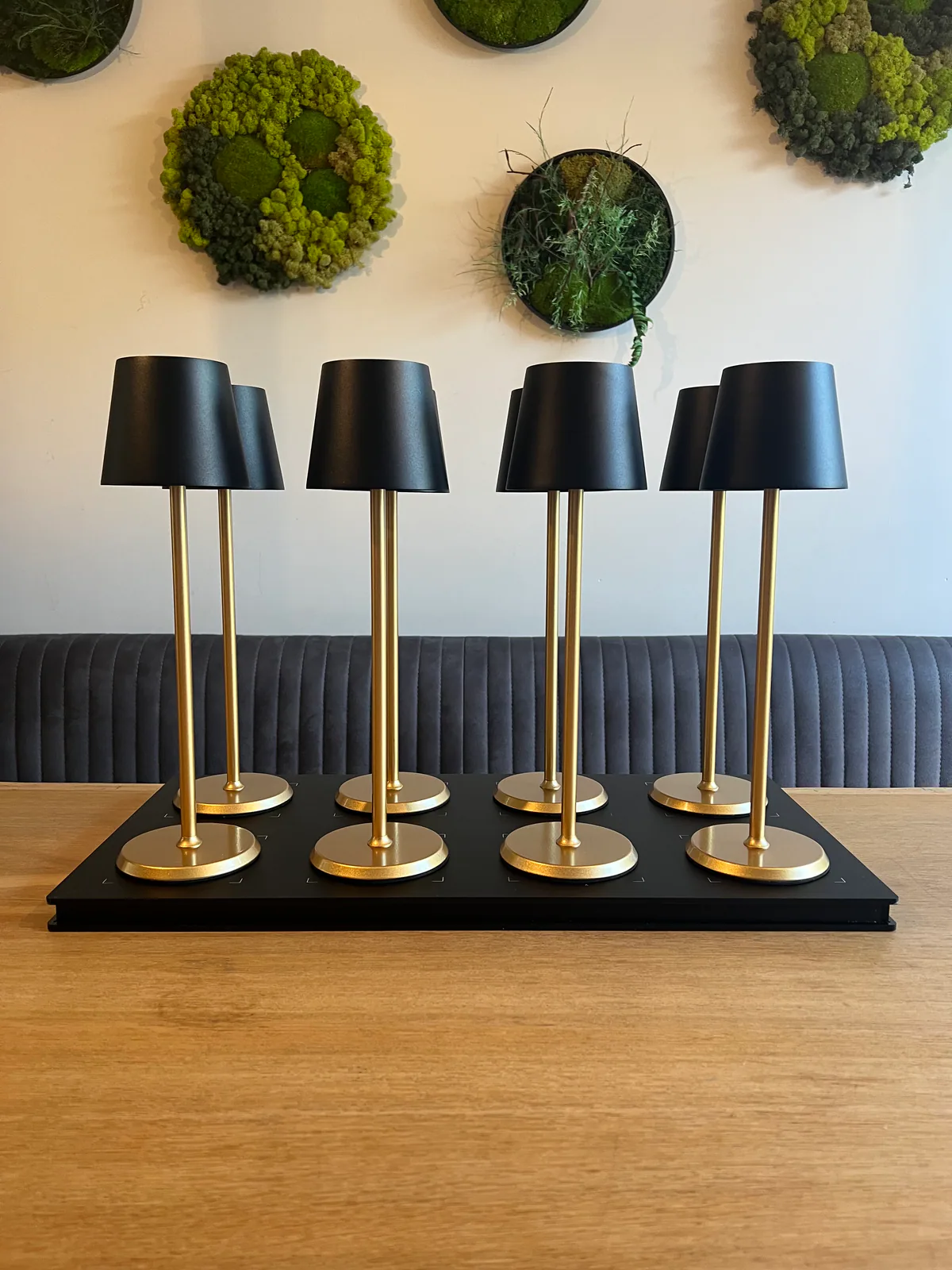Sechs goldene Tischlampen mit schwarzen Schirmen stehen auf einem schwarzen Tablett.