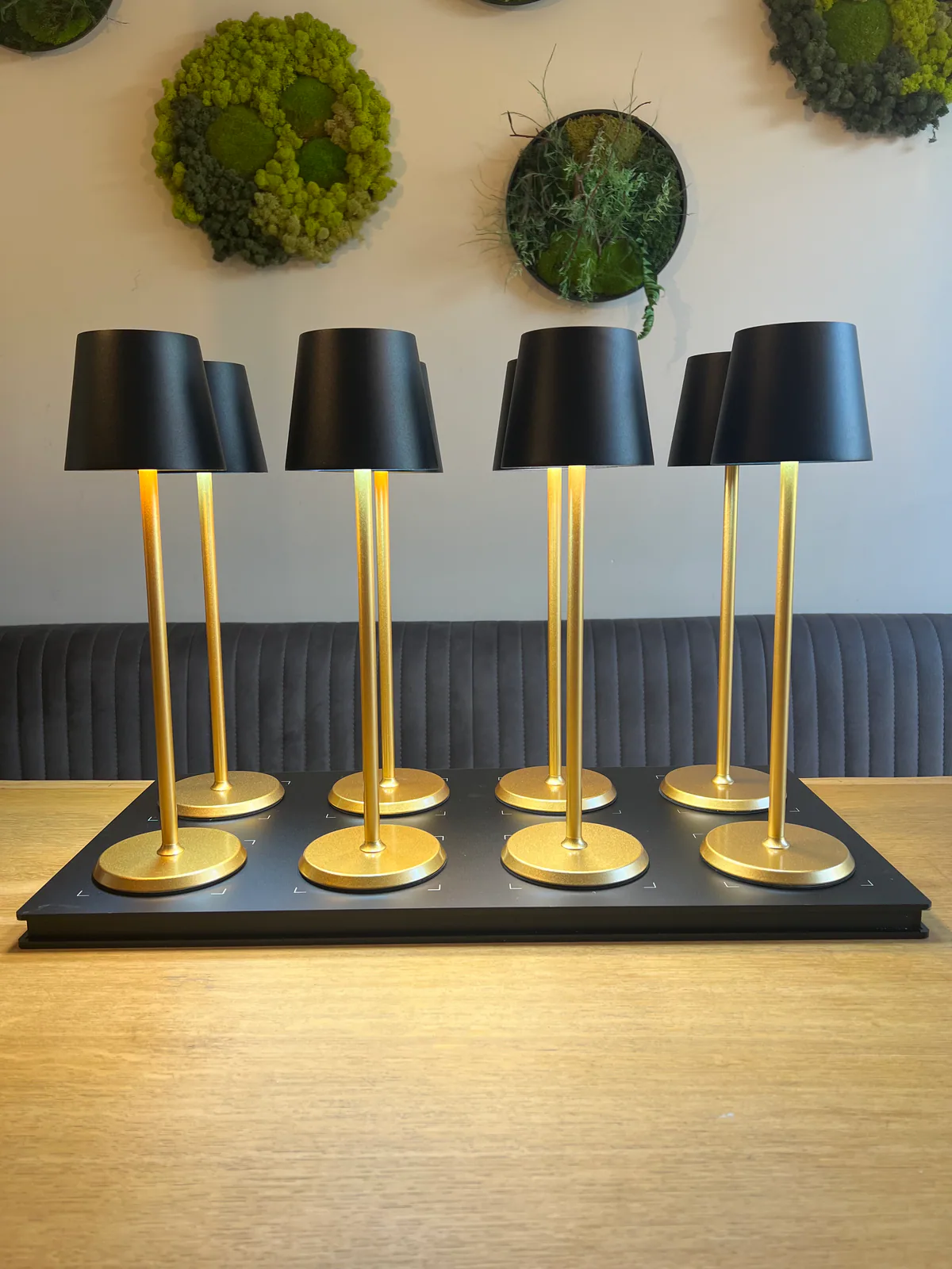 Sechs Lampen mit goldenem Stiel und schwarzem Schirm auf schwarzem Sockel, vor Wand mit Mooskunst.
