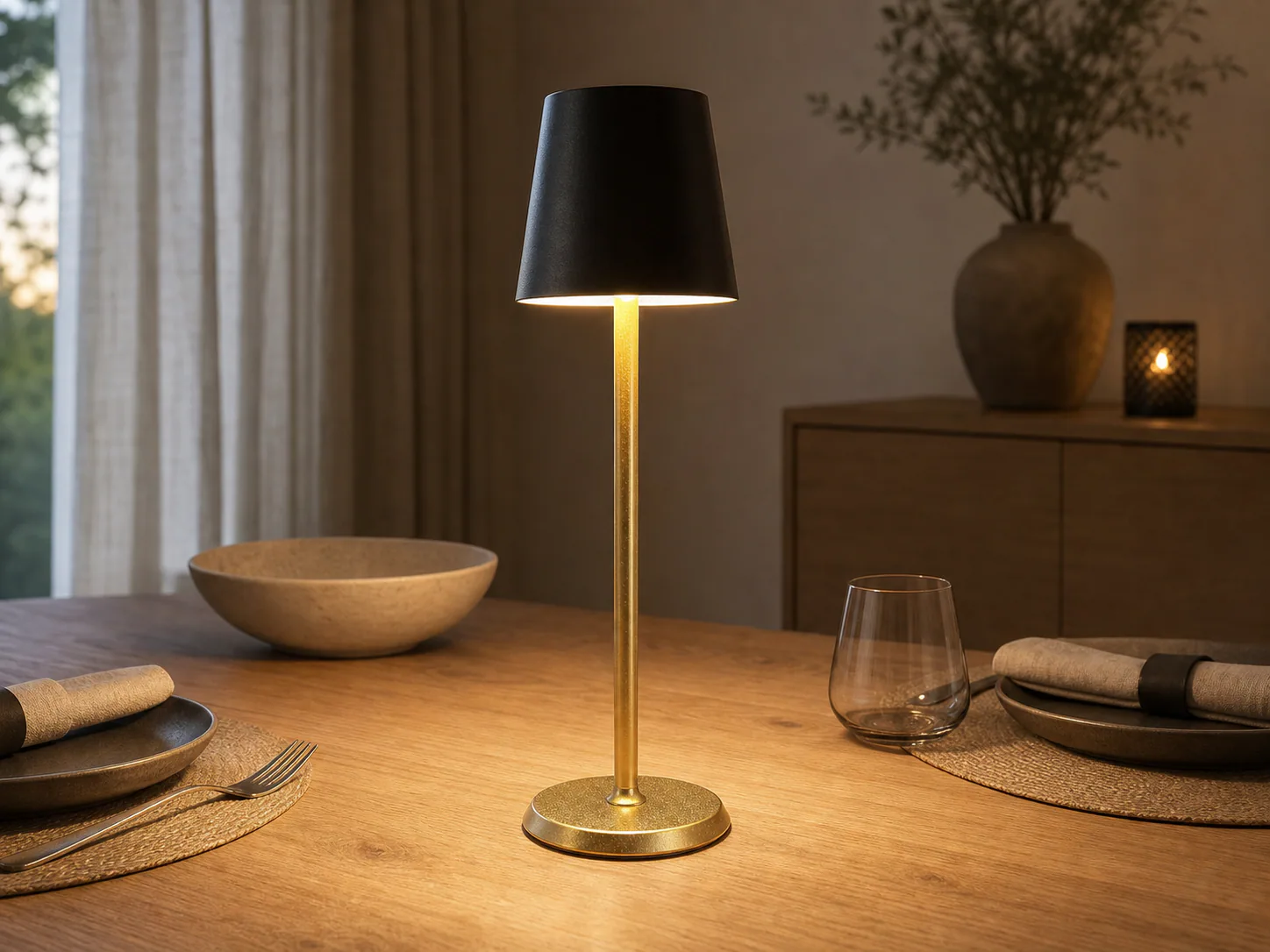 Goldene Tischlampe mit schwarzem Schirm auf Holztisch, gedeckt mit Geschirr.