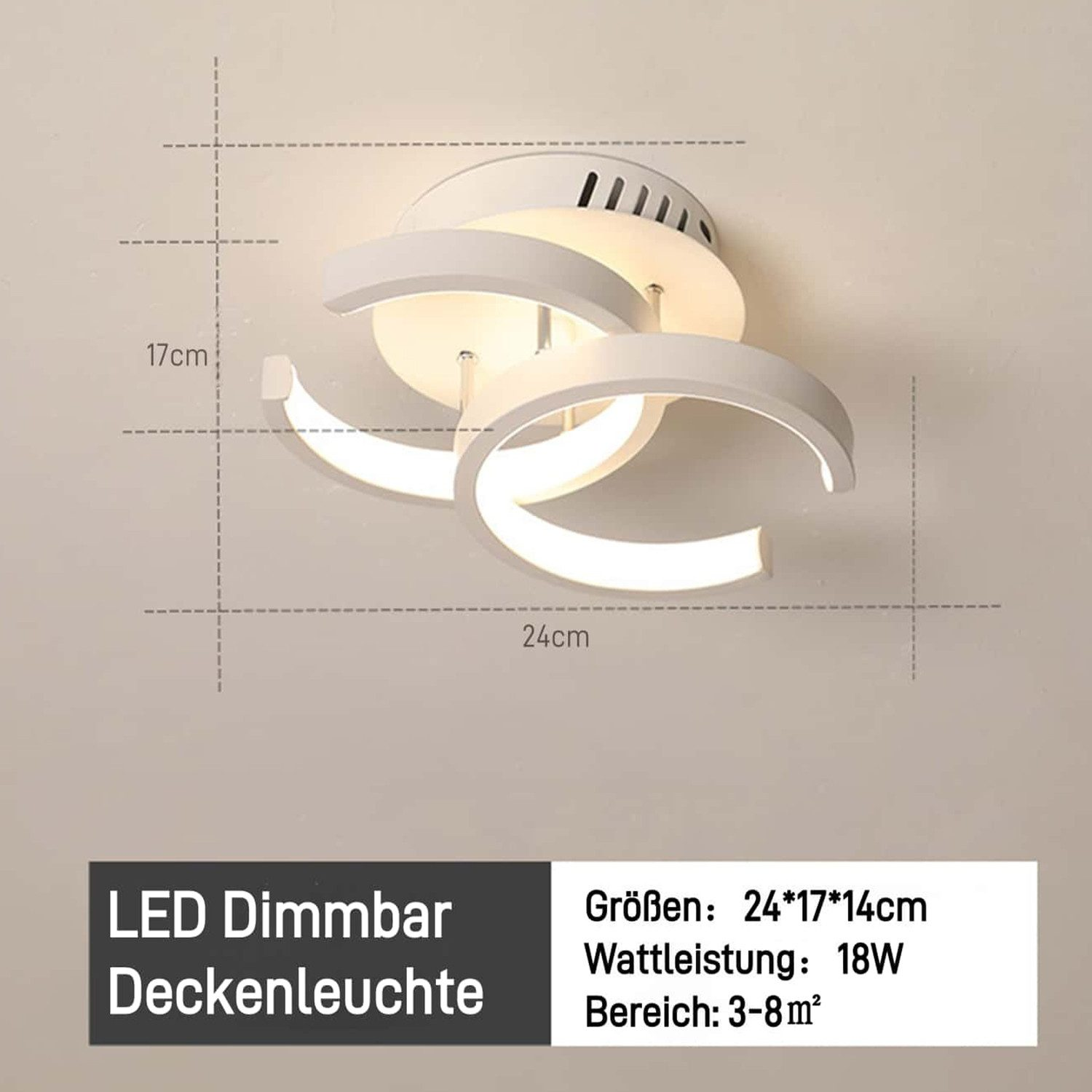 Moderne weiße LED-Deckenleuchte mit geschwungenen Formen und Maßen.