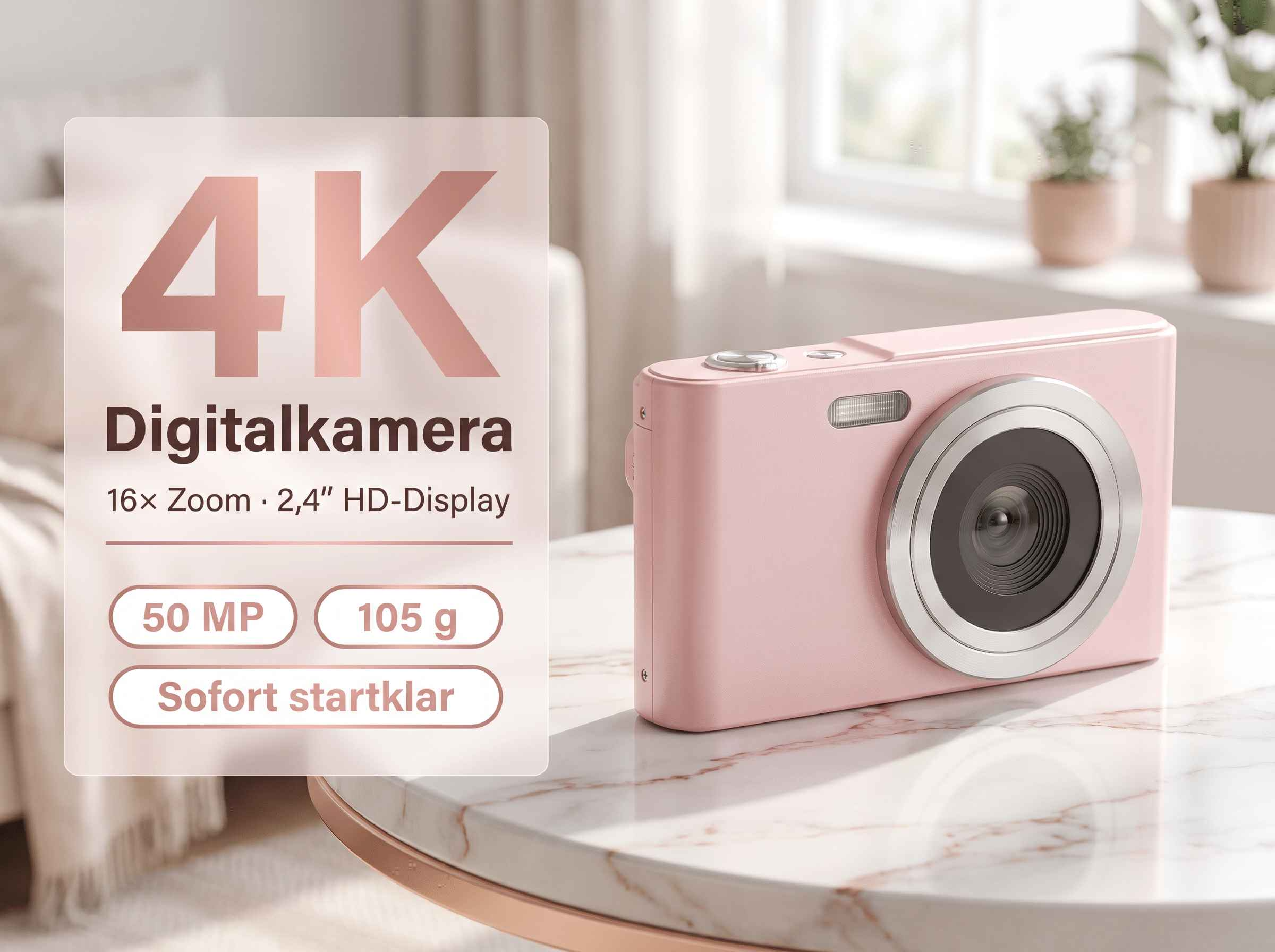 Eine rosafarbene Digitalkamera mit 4K-Auflösung, 16x Zoom und 50 MP steht auf einem Marmortisch.