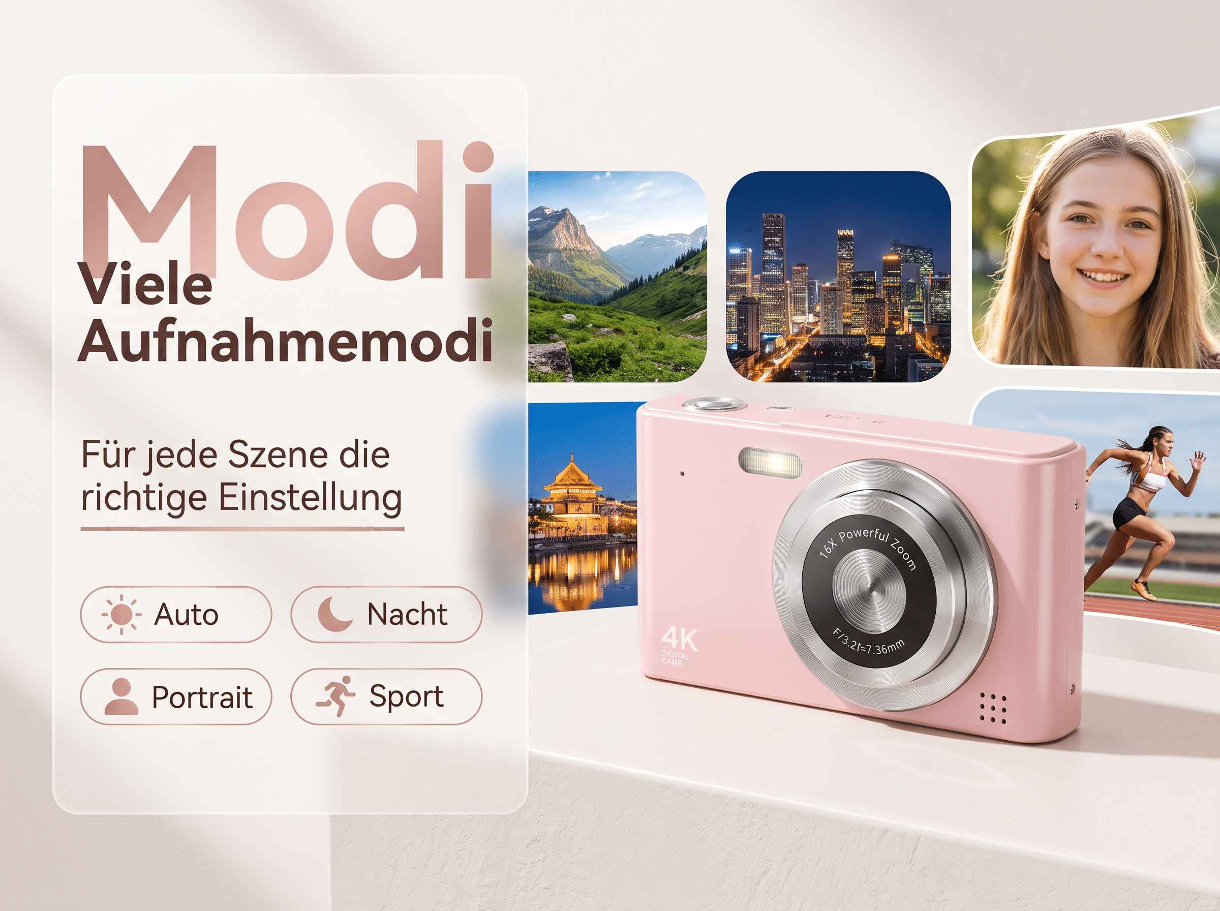 Rosa Kamera mit verschiedenen Aufnahmemodi und Bildbeispielen.