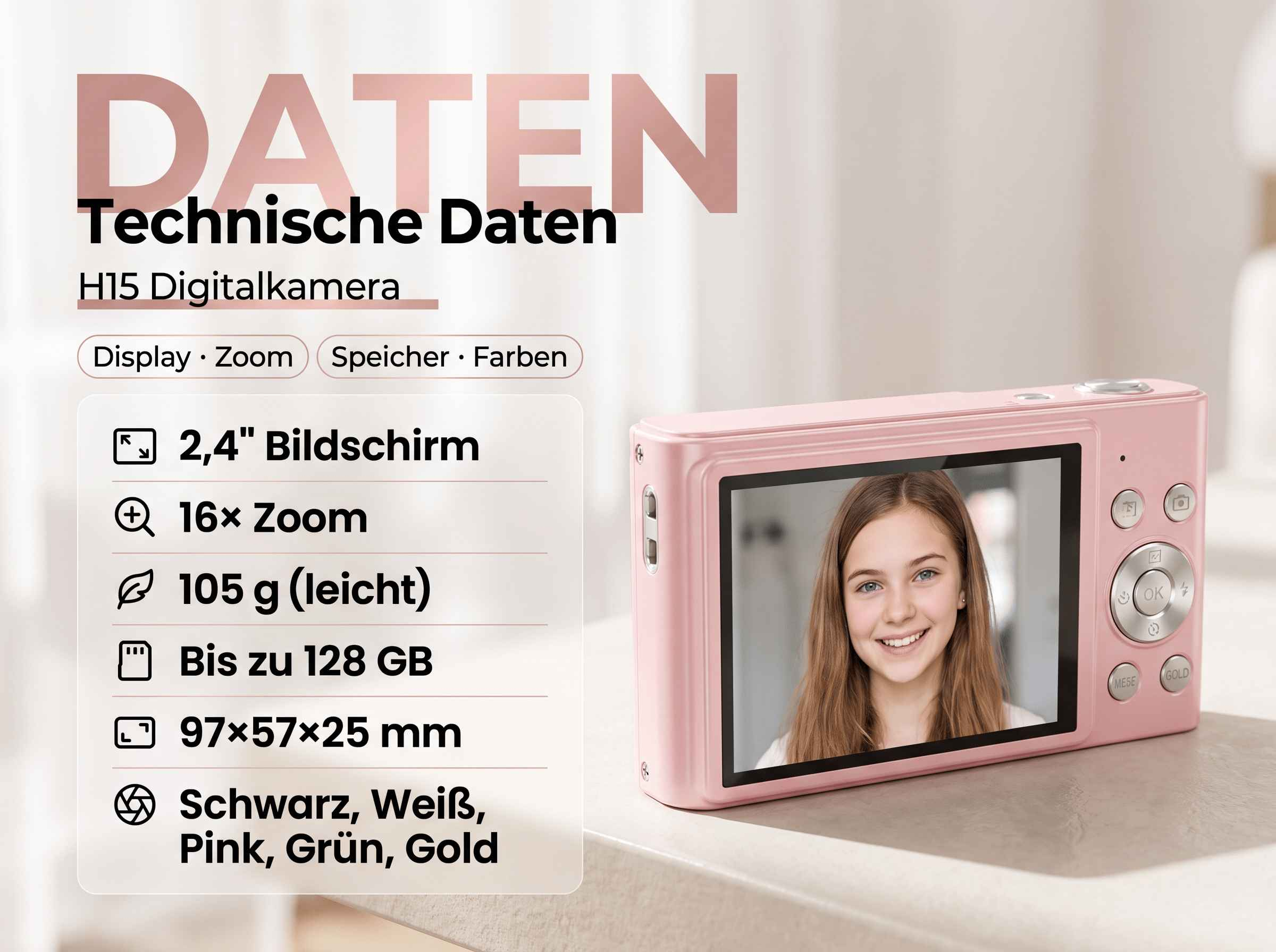 Eine rosafarbene Digitalkamera mit einer jungen Frau auf dem Bildschirm.