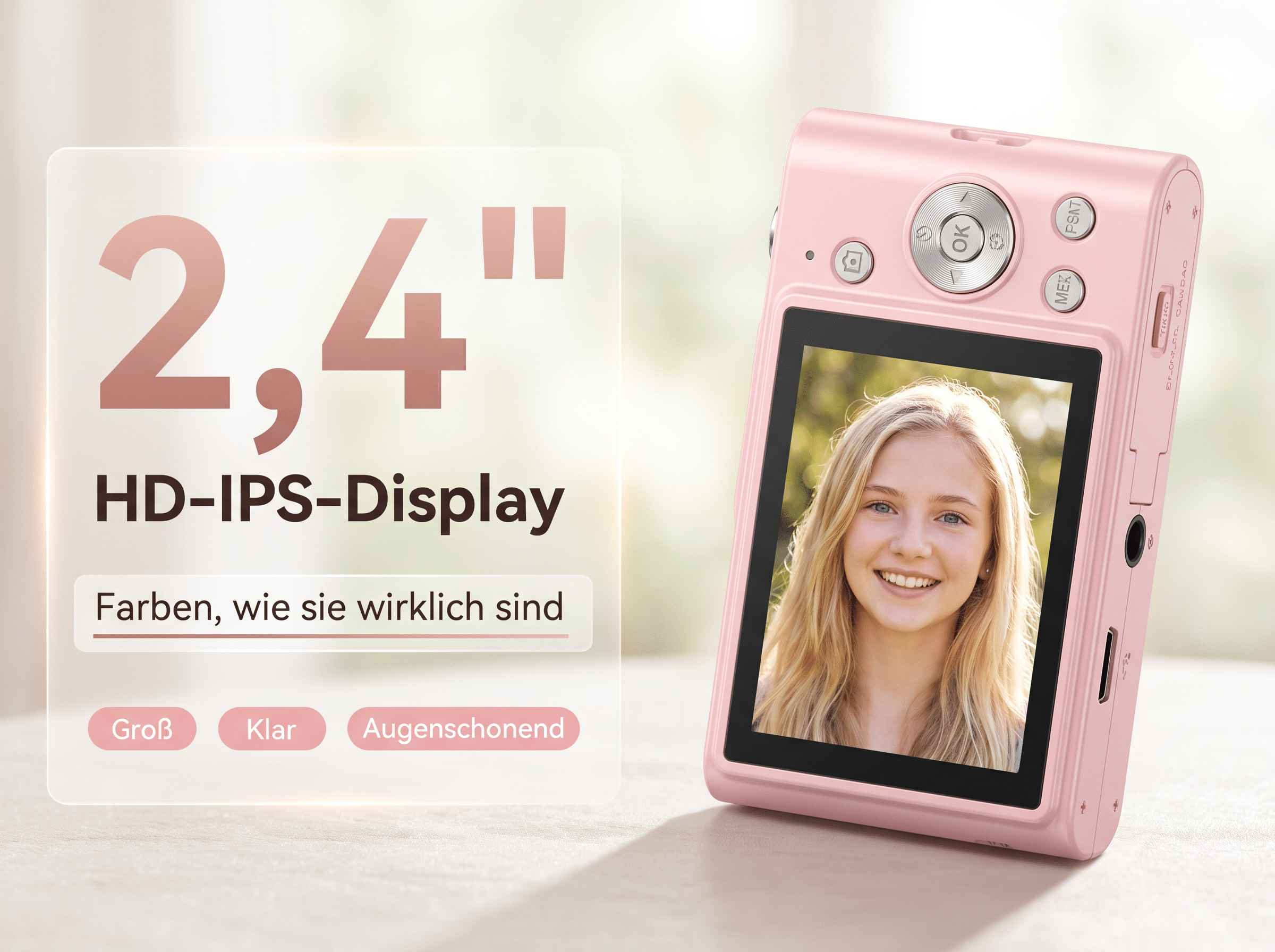 Eine rosafarbene Digitalkamera mit 2,4-Zoll-HD-IPS-Display zeigt ein lachendes Mädchen.