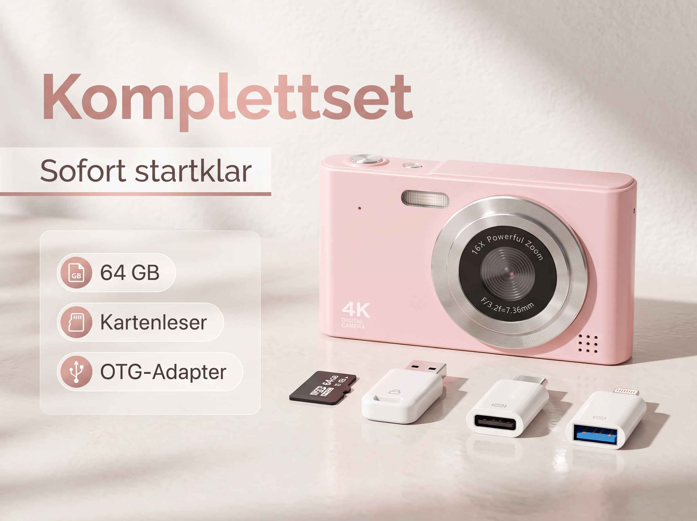 Ein pinkes 4K-Digitalkamera-Set mit 64GB Speicherkarte und Adaptern.