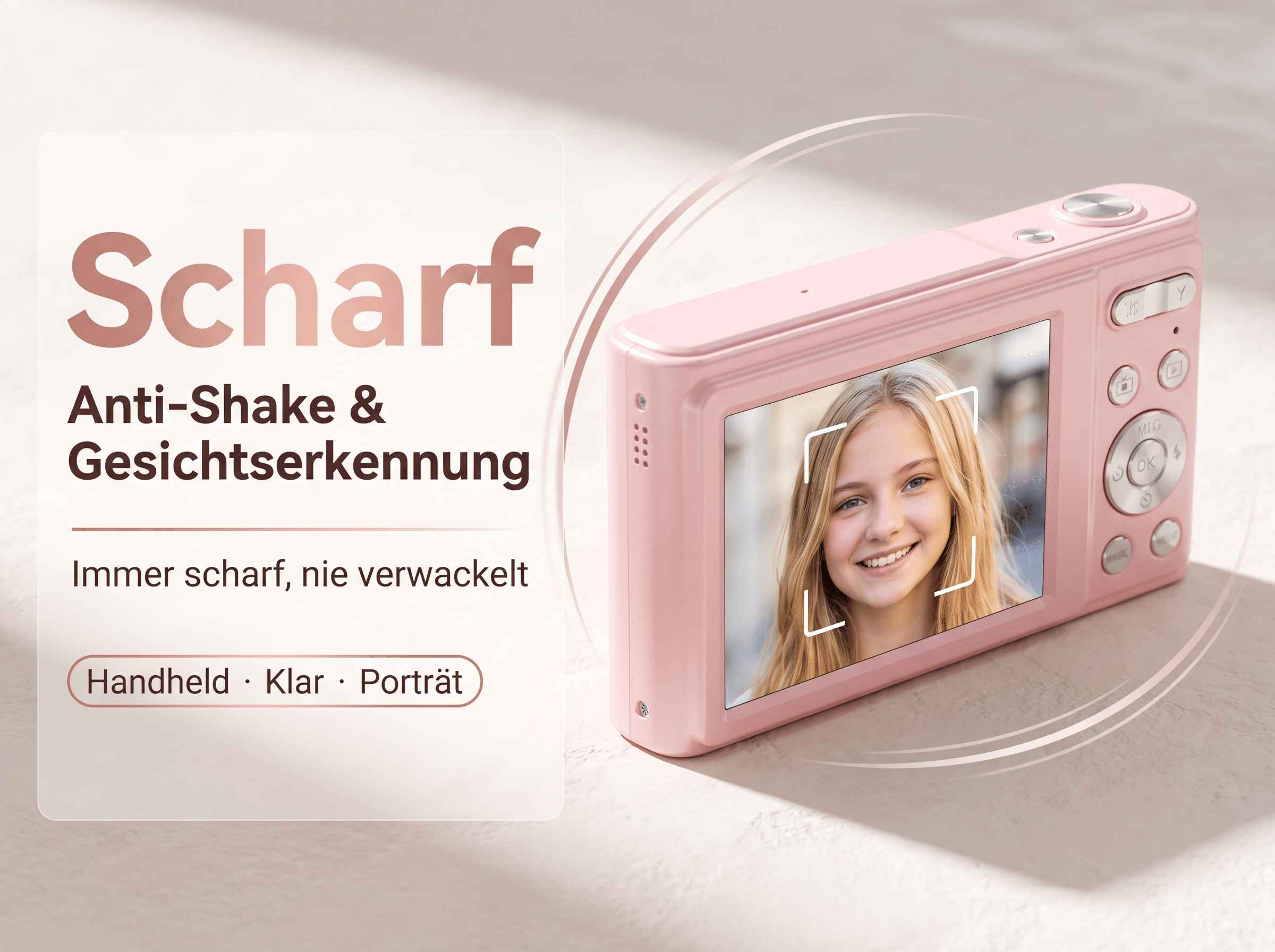 Eine rosafarbene Digitalkamera zeigt ein Lächeln eines jungen Mädchens mit Gesichtserkennungsrahmen.