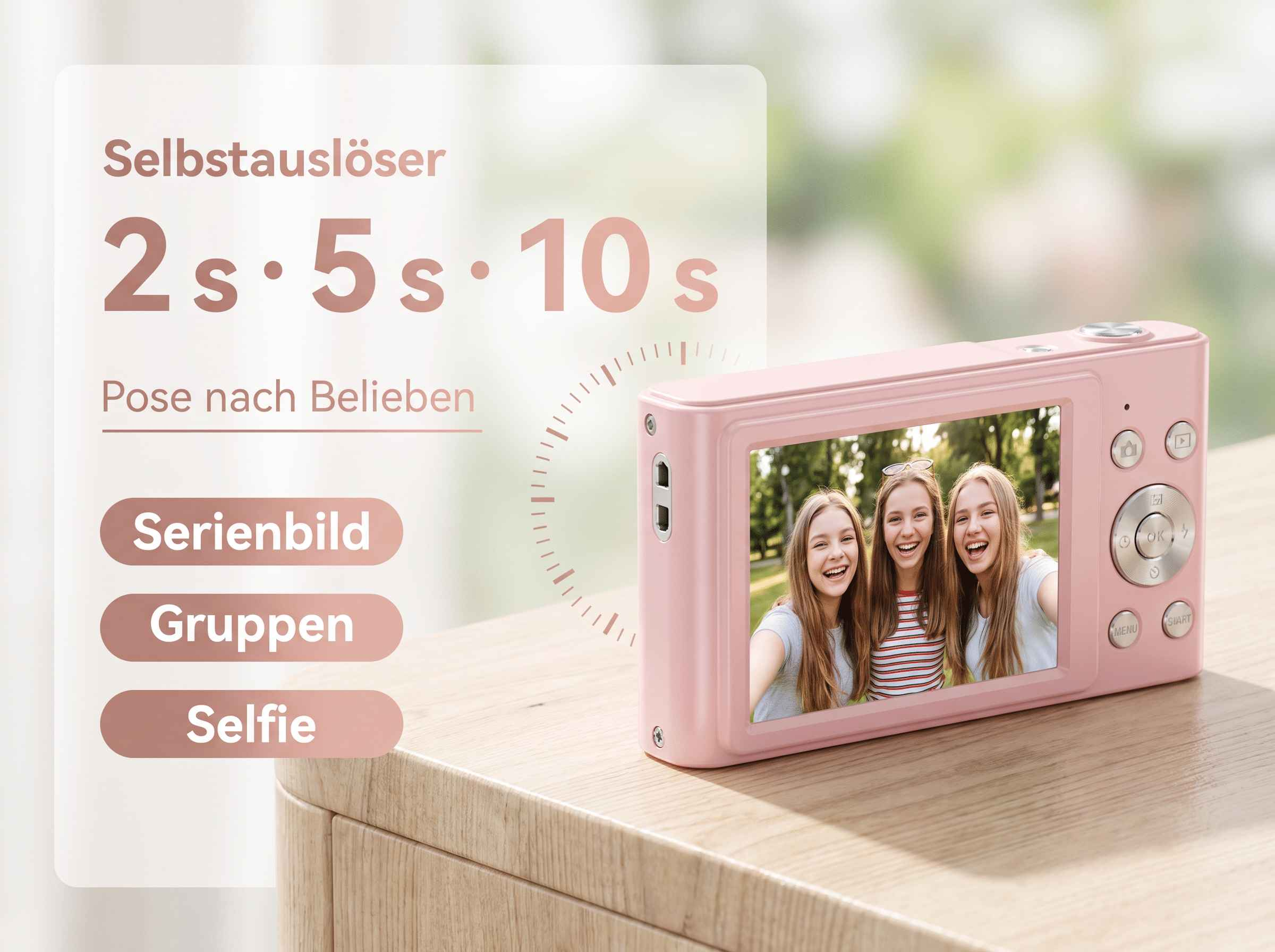 Eine rosafarbene Digitalkamera mit drei lachenden jungen Frauen auf dem Bildschirm.