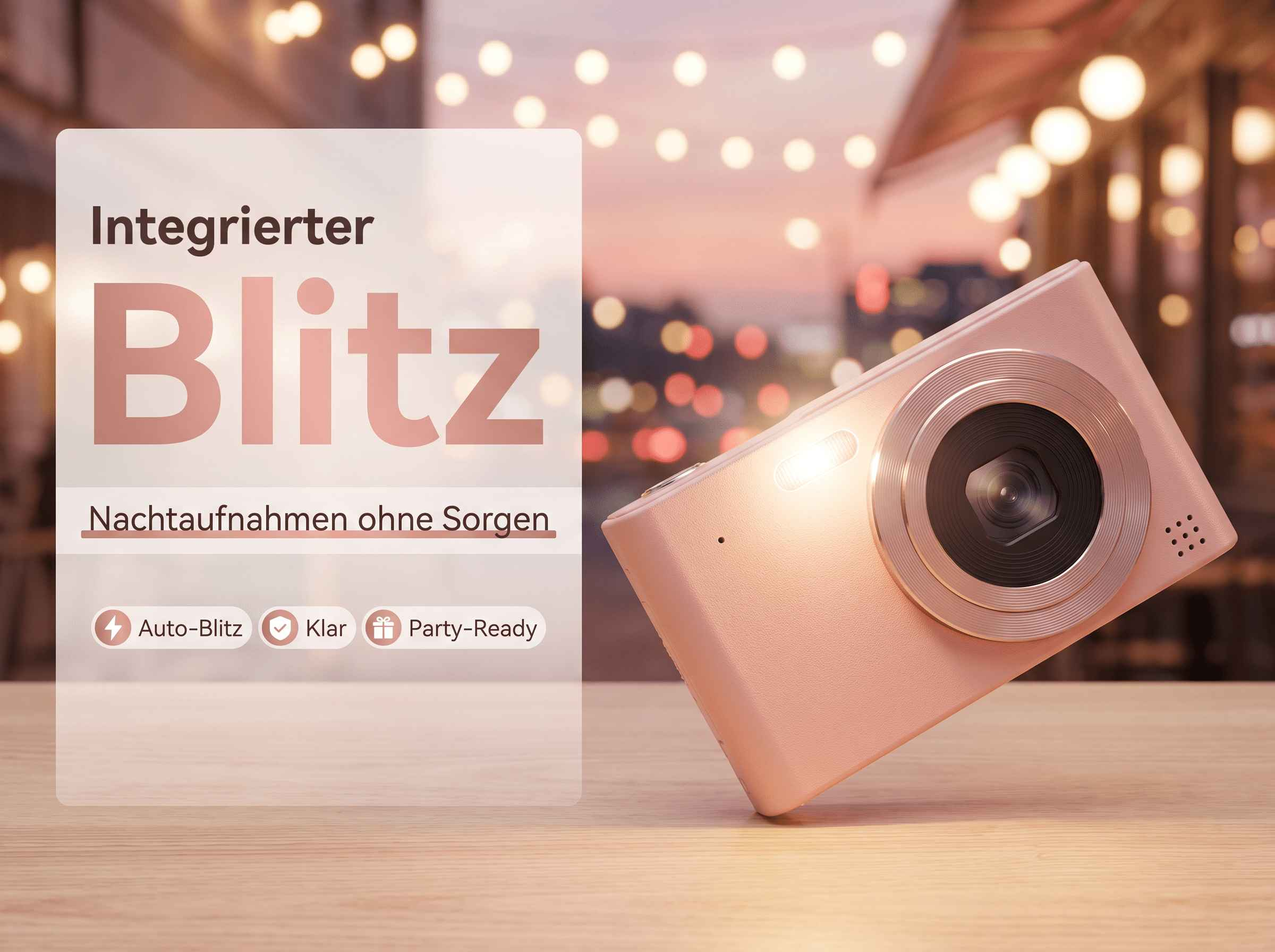 Ein rosafarbener Retro-Kamera-Blitz auf einem Holztisch, Hintergrund unscharf.