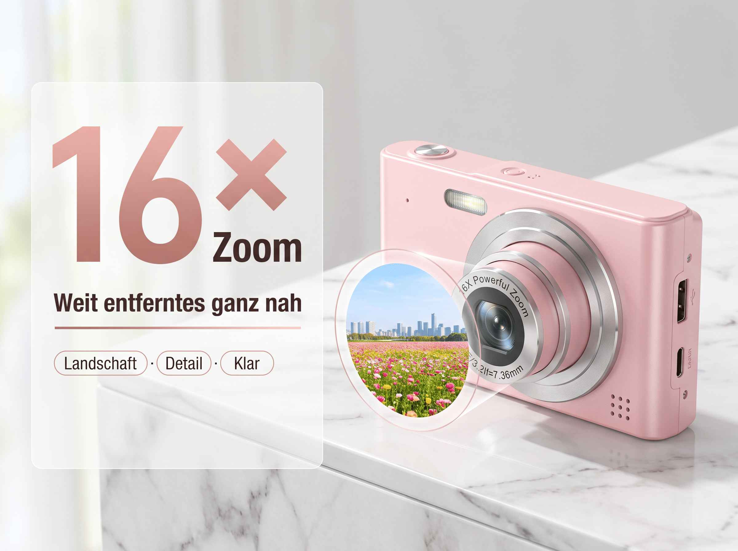 Eine rosafarbene Kamera mit 16-fachem Zoom und einer Nahaufnahme einer Blumenwiese vor einer Stadtkulisse.