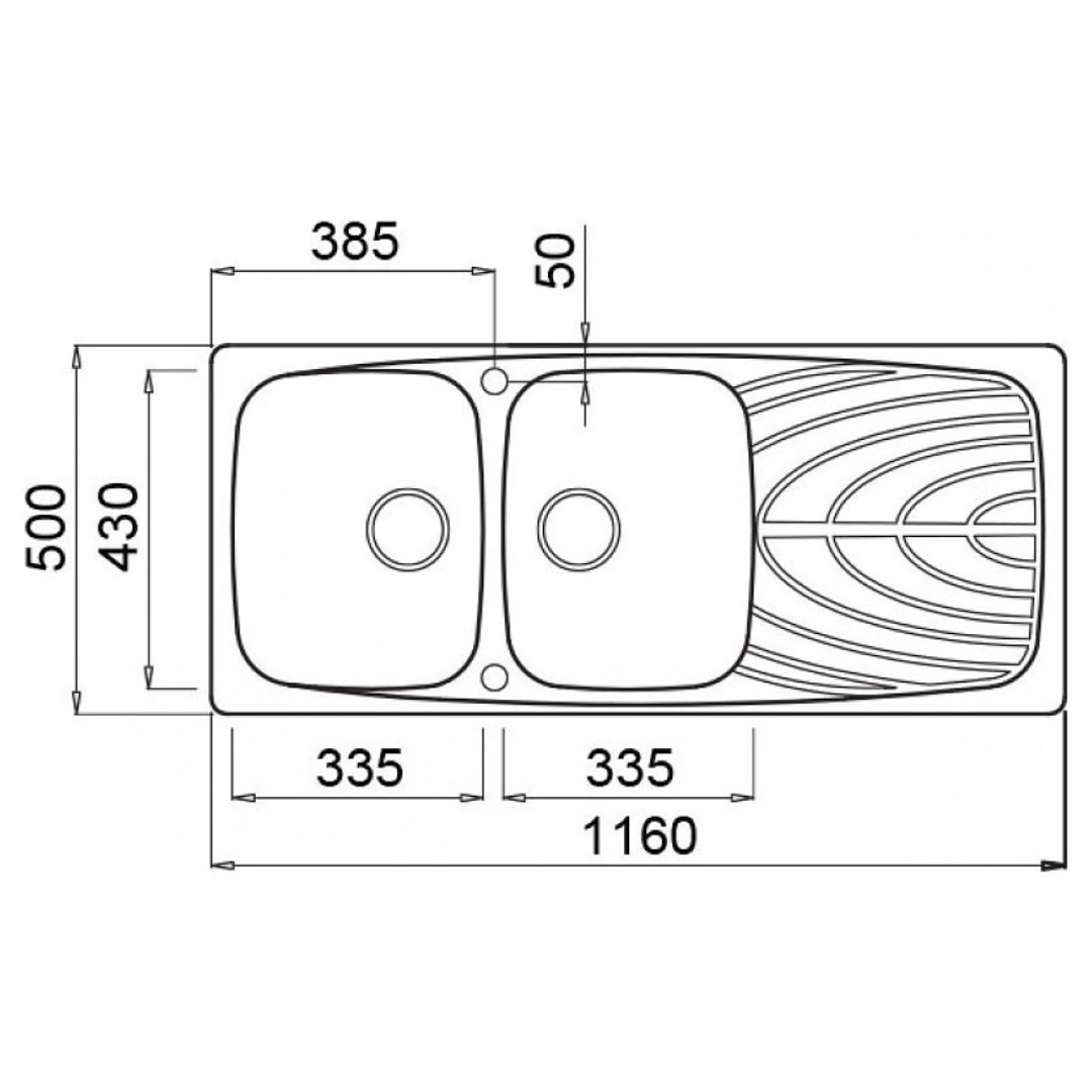 Disegno tecnico di un lavello doppio con dimensioni.