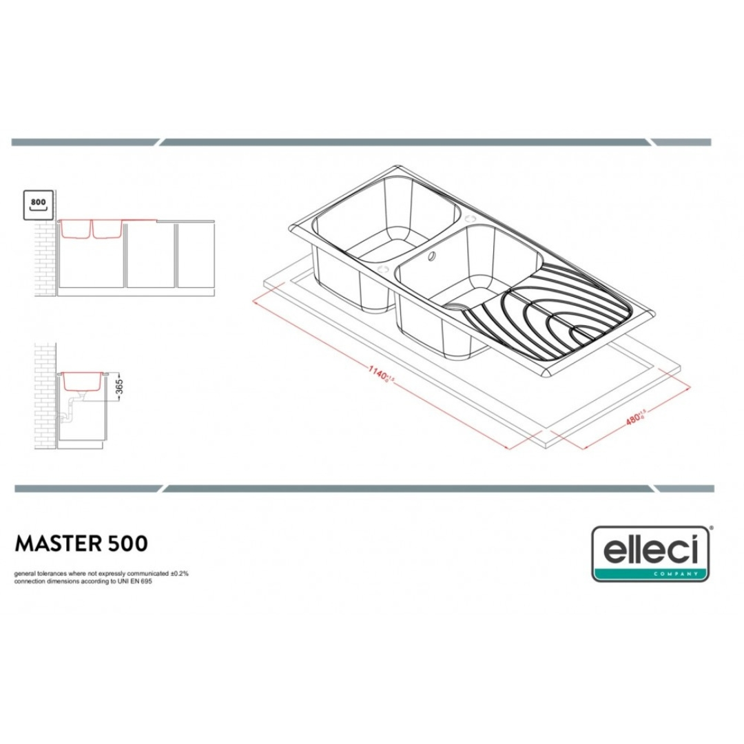Disegno tecnico di un lavello doppio con dimensioni. Include viste laterali e dall'alto.