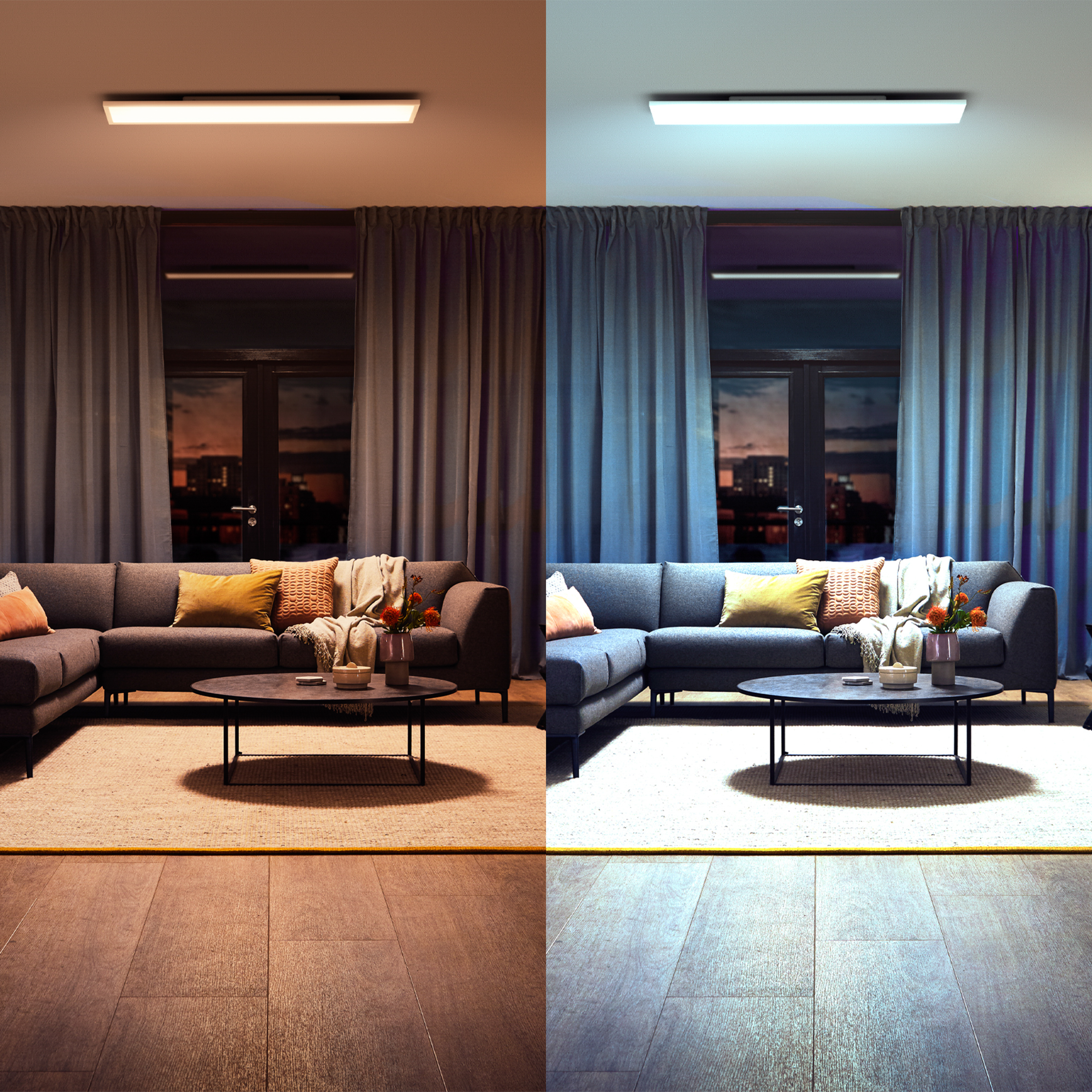 Woonkamer met bank, salontafel en ramen in de schemering, verdeeld in warm en koel licht.