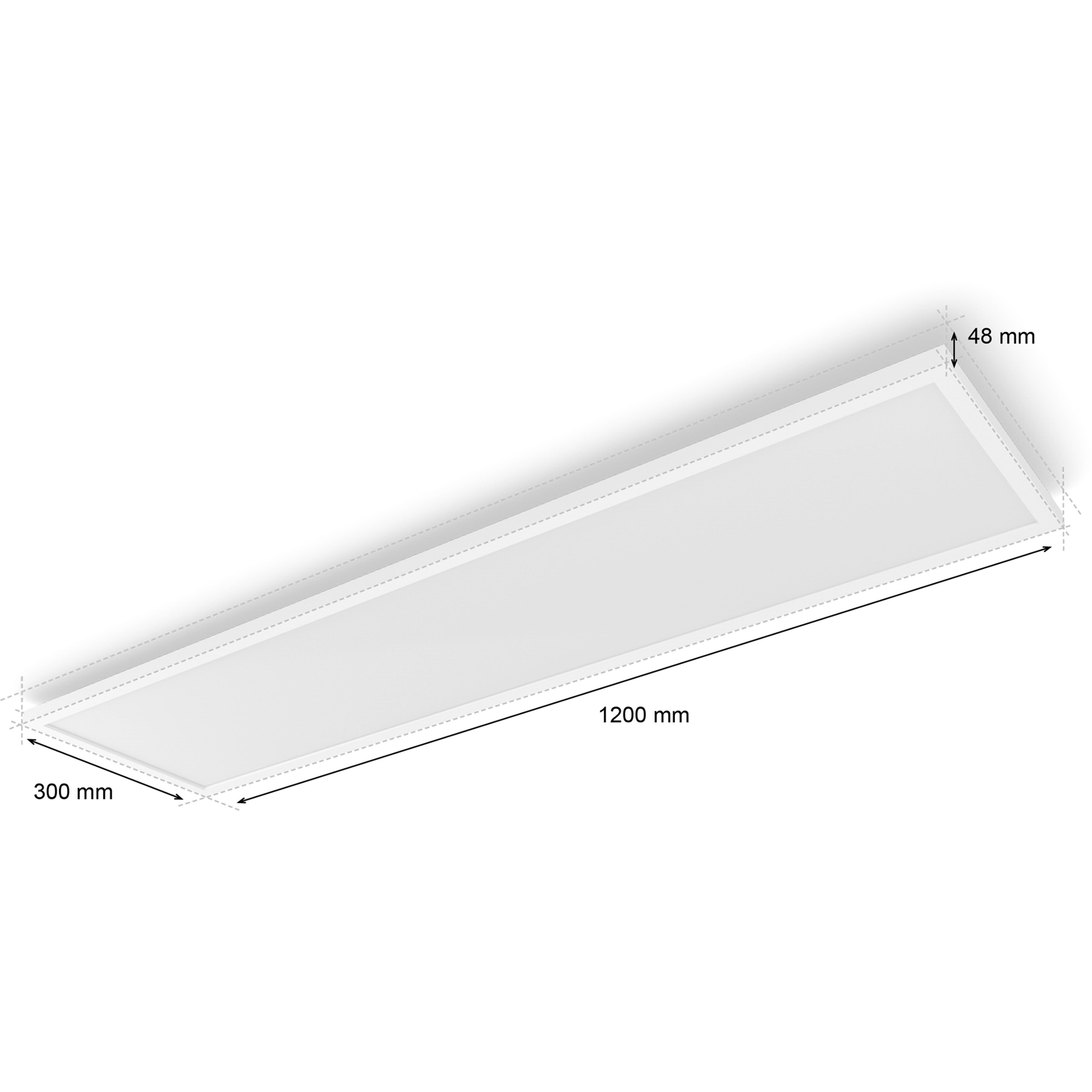 Wit rechthoekig plafondlicht, afmetingen 1200x300x48 mm.