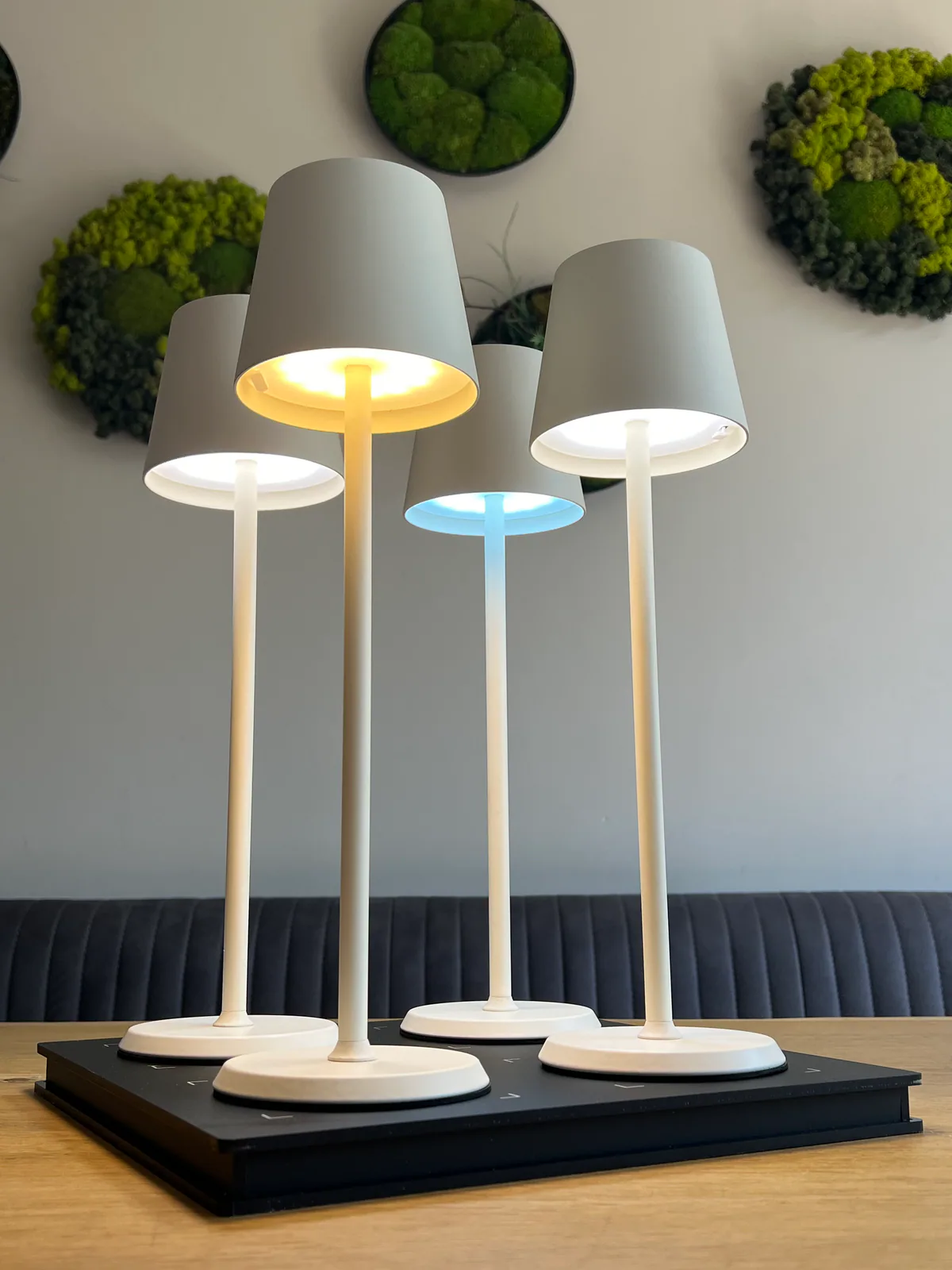 Vier weiße Tischlampen mit grauen Schirmen stehen auf einem Tisch.