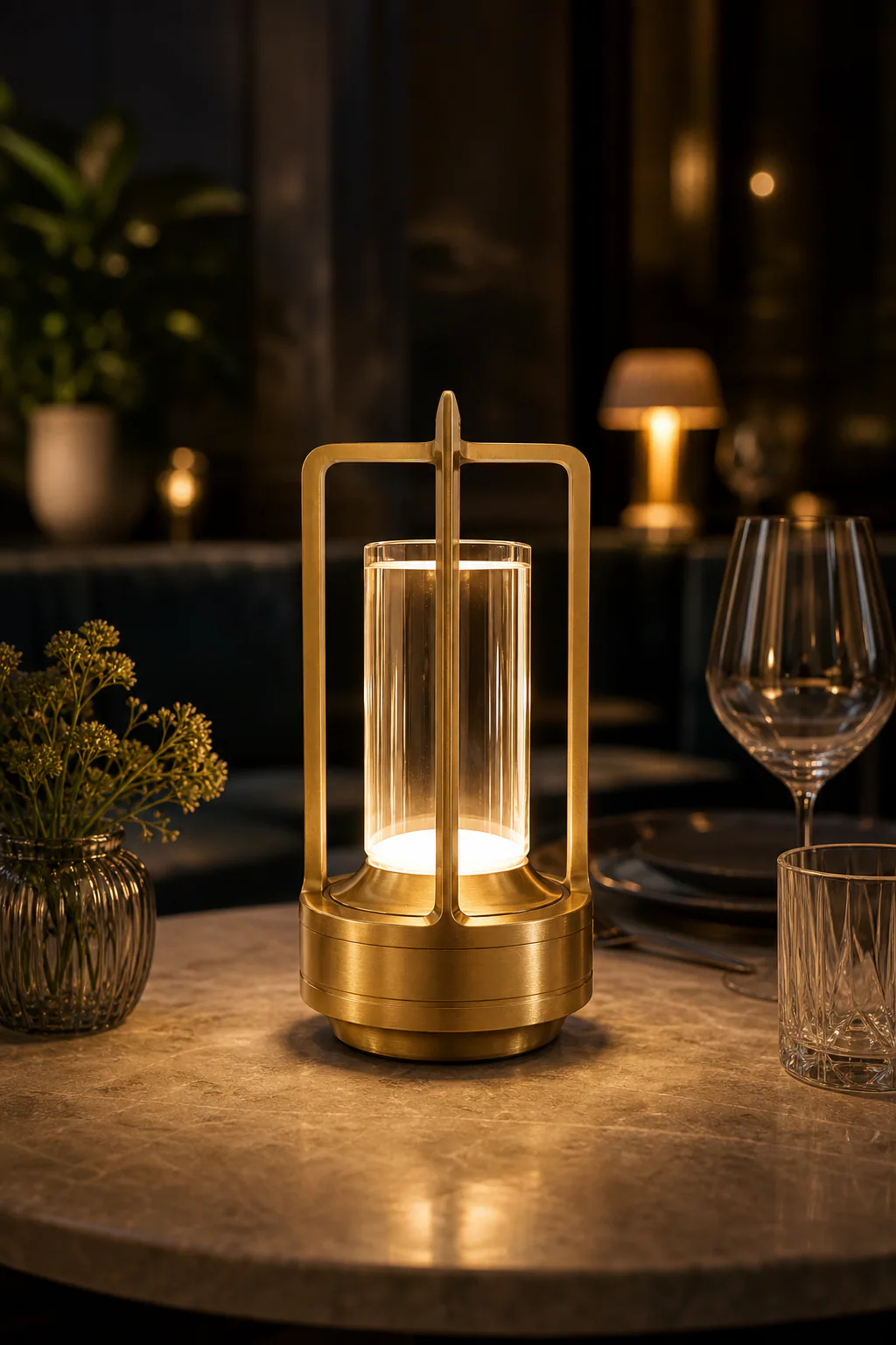 Eine goldene Laterne mit Glaszylinder leuchtet auf einem Marmortisch.