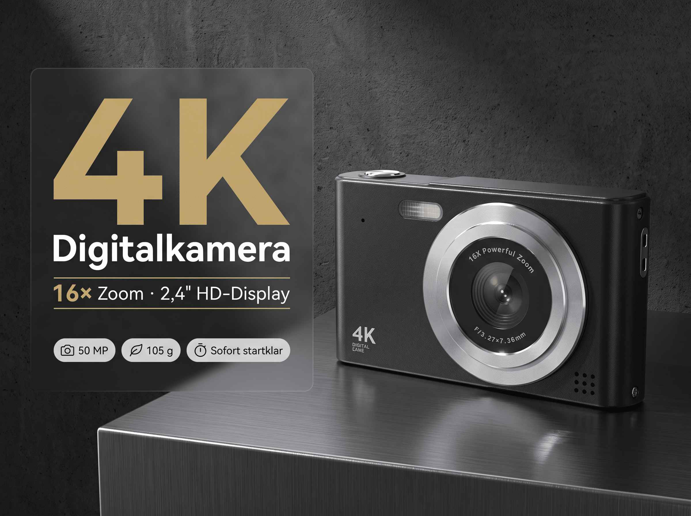 Eine schwarze Digitalkamera mit 16x Zoom und 4K-Auflösung.