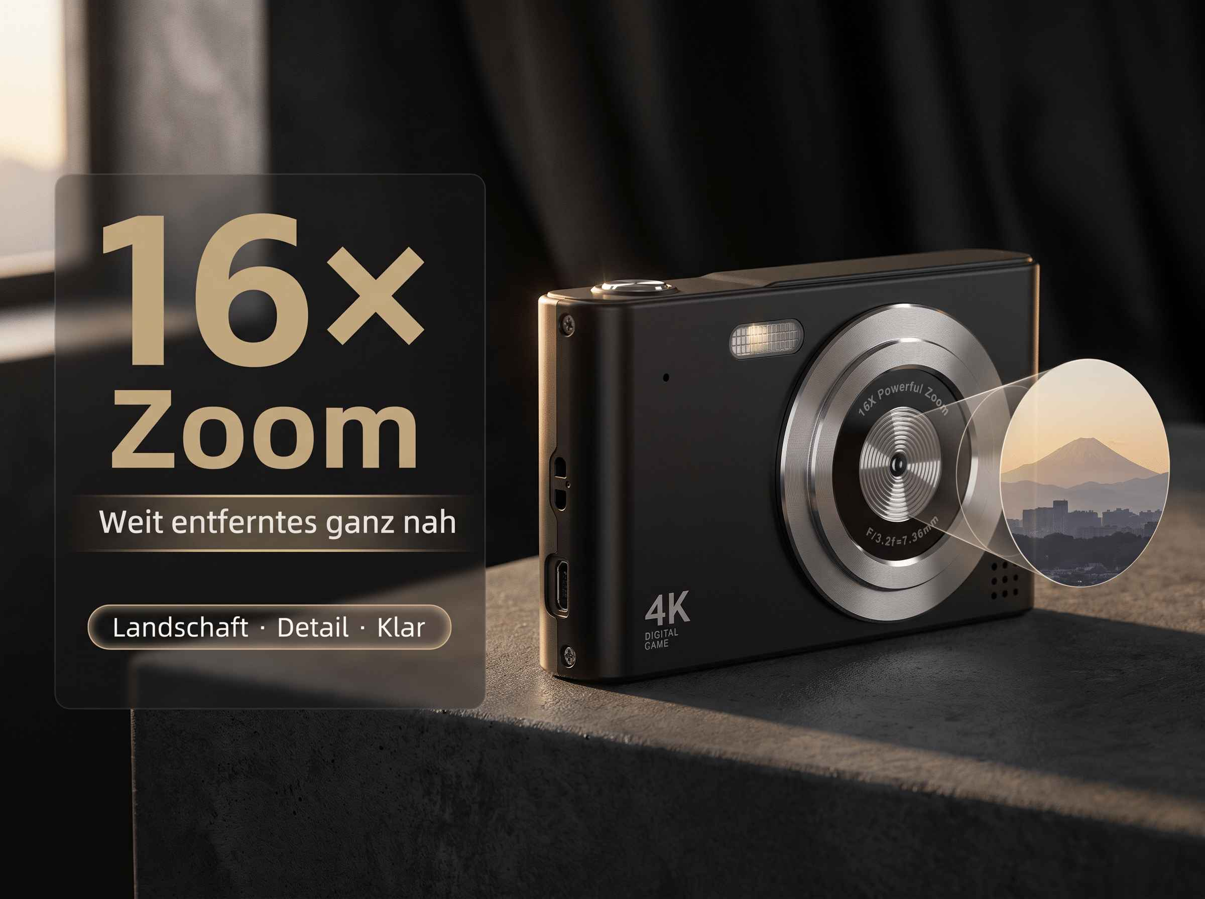 Eine schwarze Digitalkamera mit 16-fachem Zoom und 4K-Auflösung, die eine Berglandschaft zeigt.
