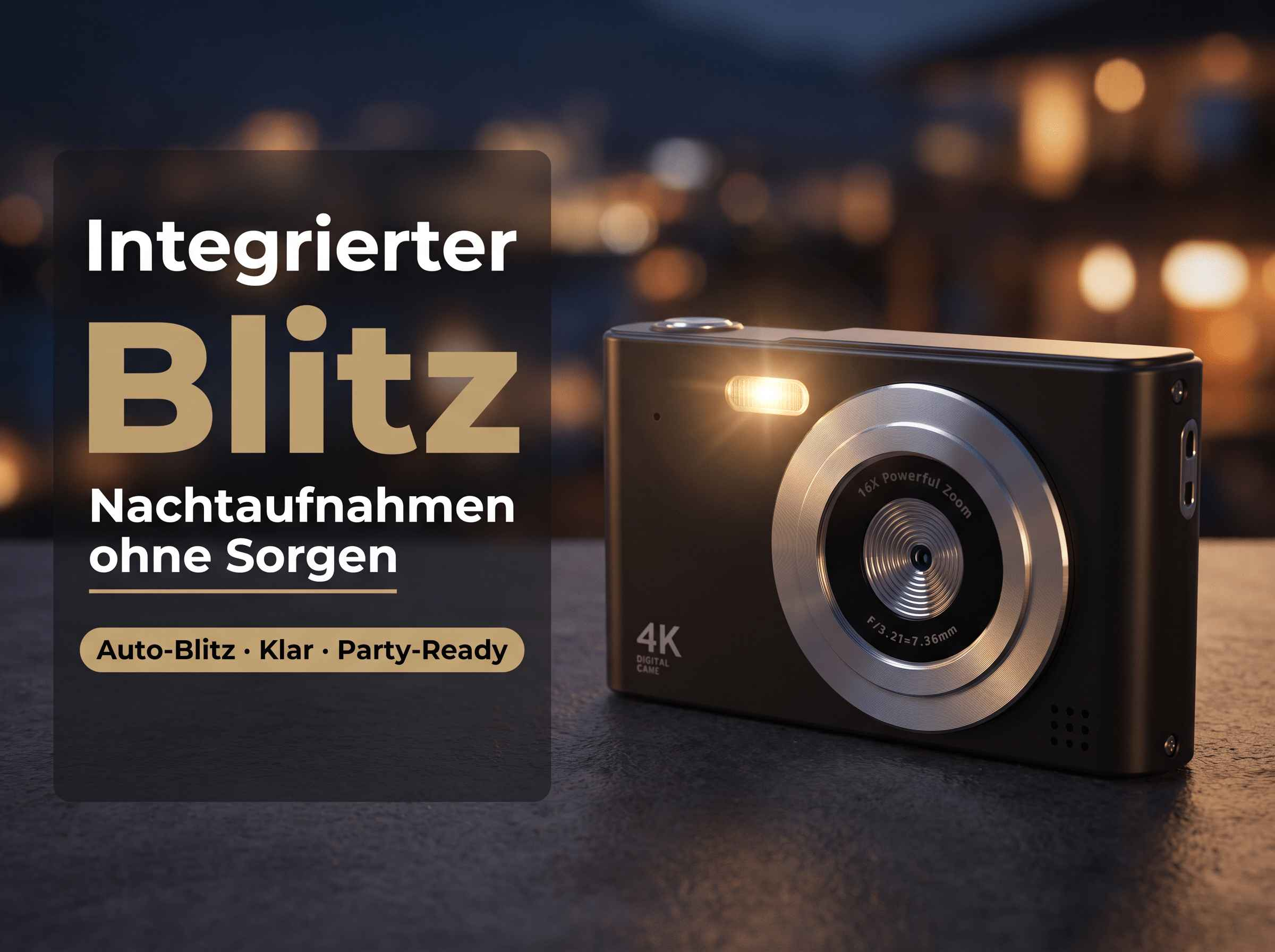 Kamera mit integriertem Blitz und "4K Digital Came" Schriftzug.